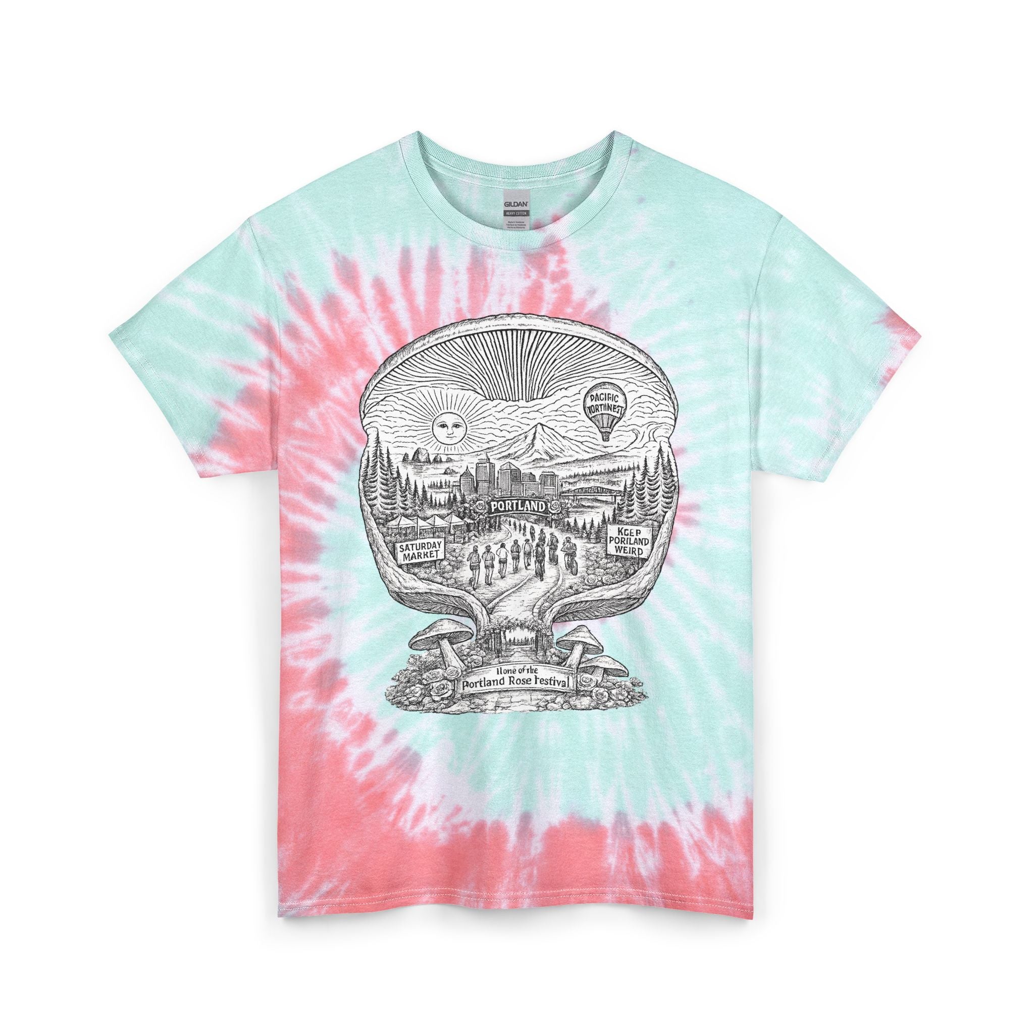 Tie-Dye T-Shirt — Vintage Mushroom Skull Scenic Print (Farmers Market Map)