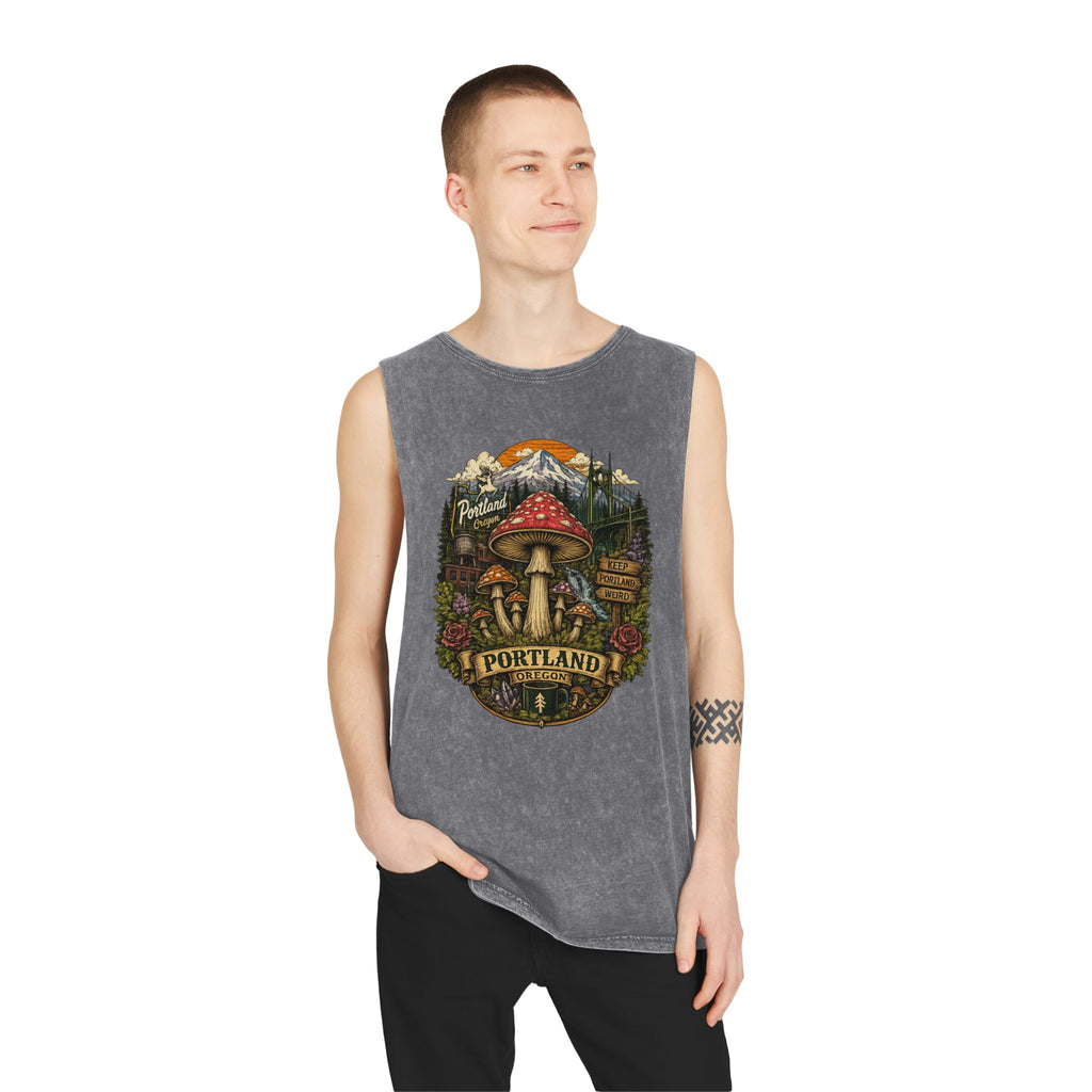 Portland Mushroom Graphic Tank — Stonewash Vintage Nature Tank Top