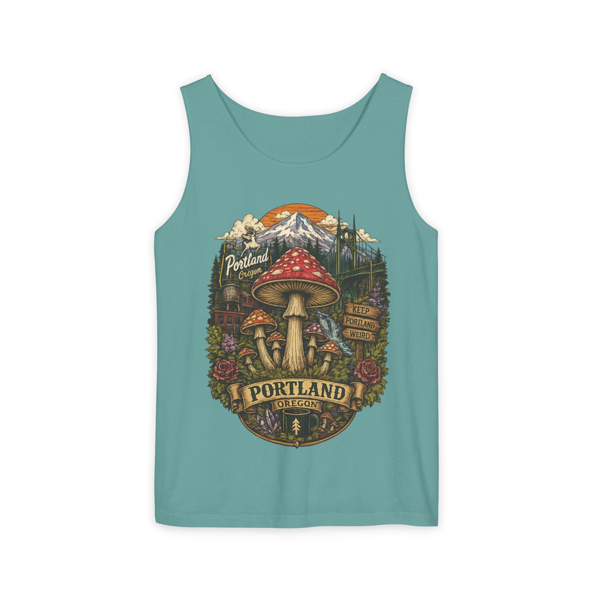 City: Portland Mushroom Tank Top — Vintage Forest Travel Graphic