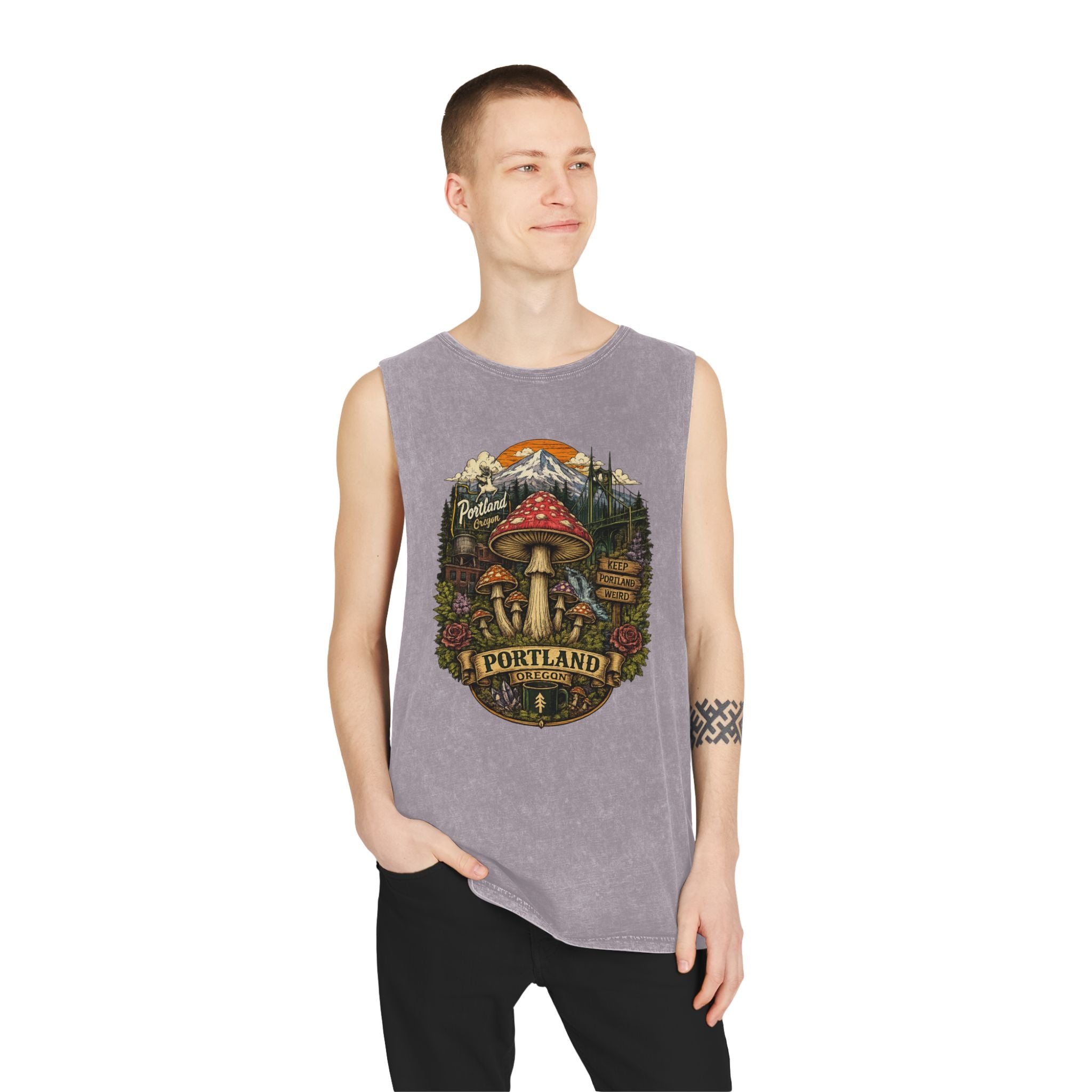 Portland Mushroom Graphic Tank — Stonewash Vintage Nature Tank Top