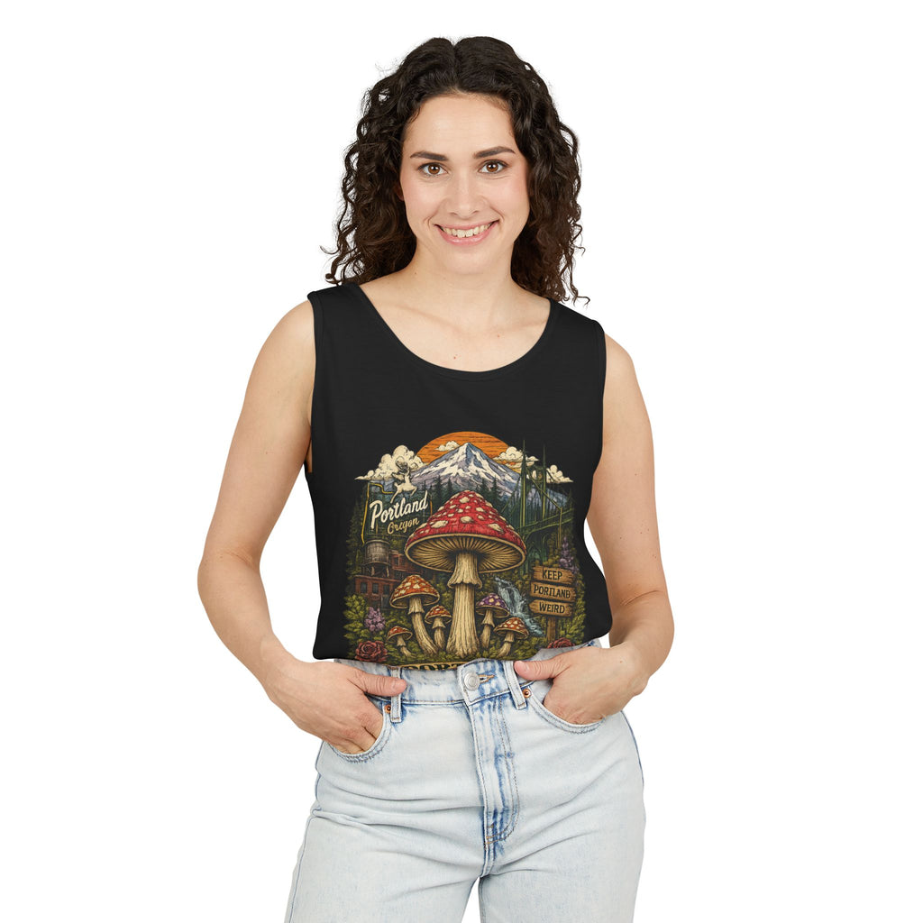 City: Portland Mushroom Tank Top — Vintage Forest Travel Graphic