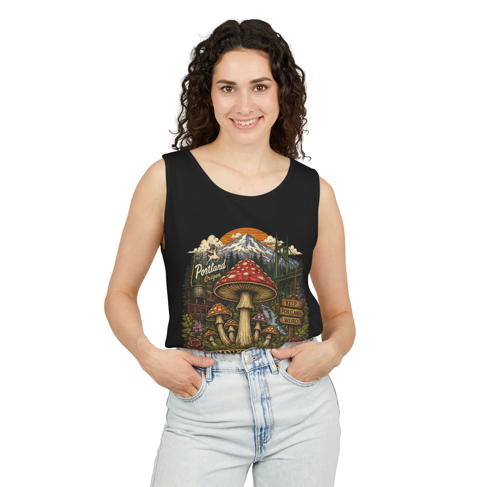 City: Portland Mushroom Tank Top — Vintage Forest Travel Graphic