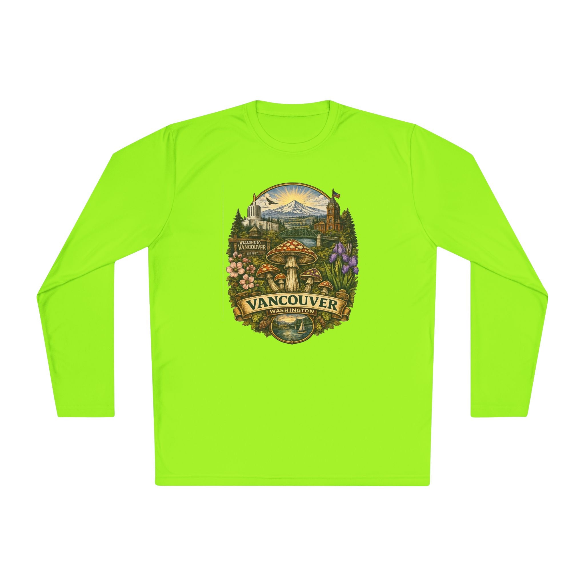 Vancouver Nature Long Sleeve Tee — Scenic Mountains & Mushroom Art