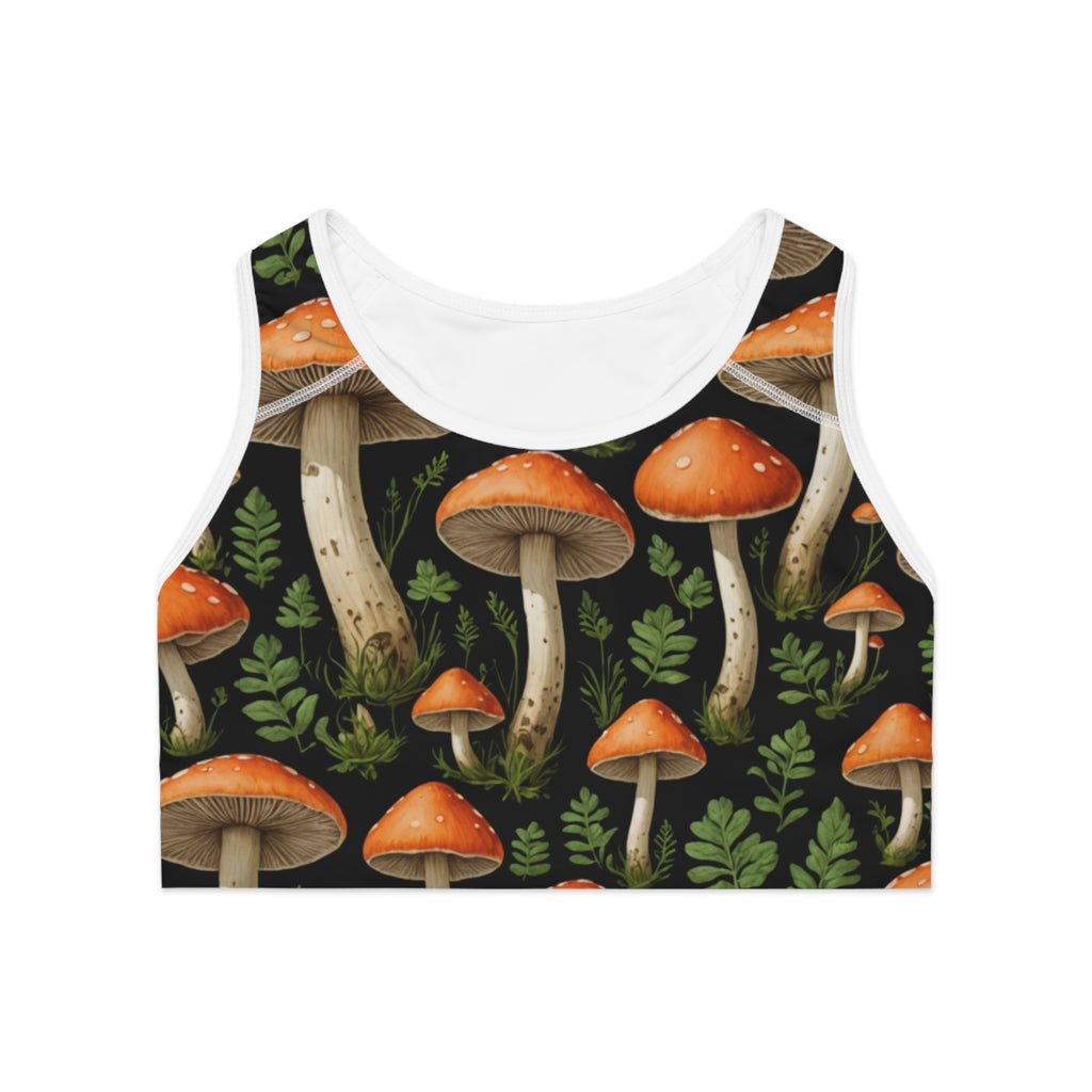 Mushroom Forest Sports Bra — Botanical Orange Toadstool Activewear