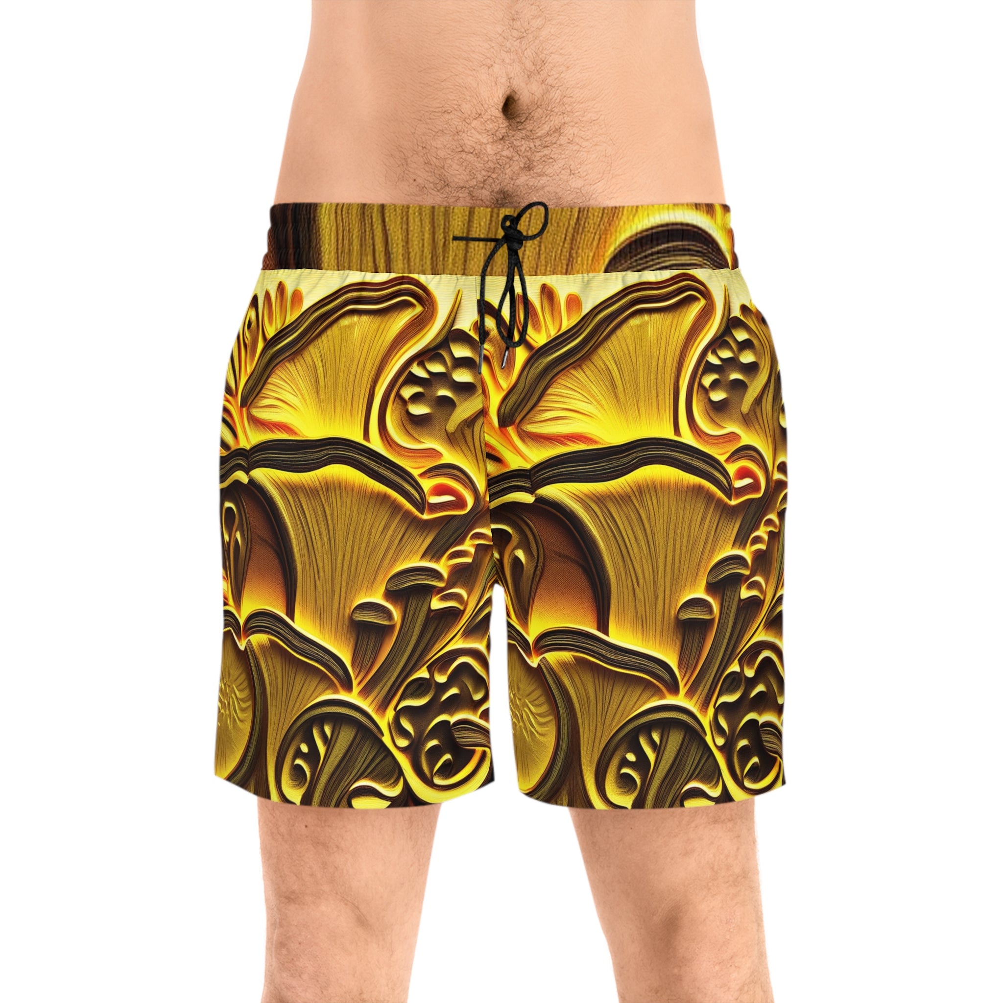 Golden Mushroom Print Swim Shorts — Men’s Mid-Length Tropical Boardshorts