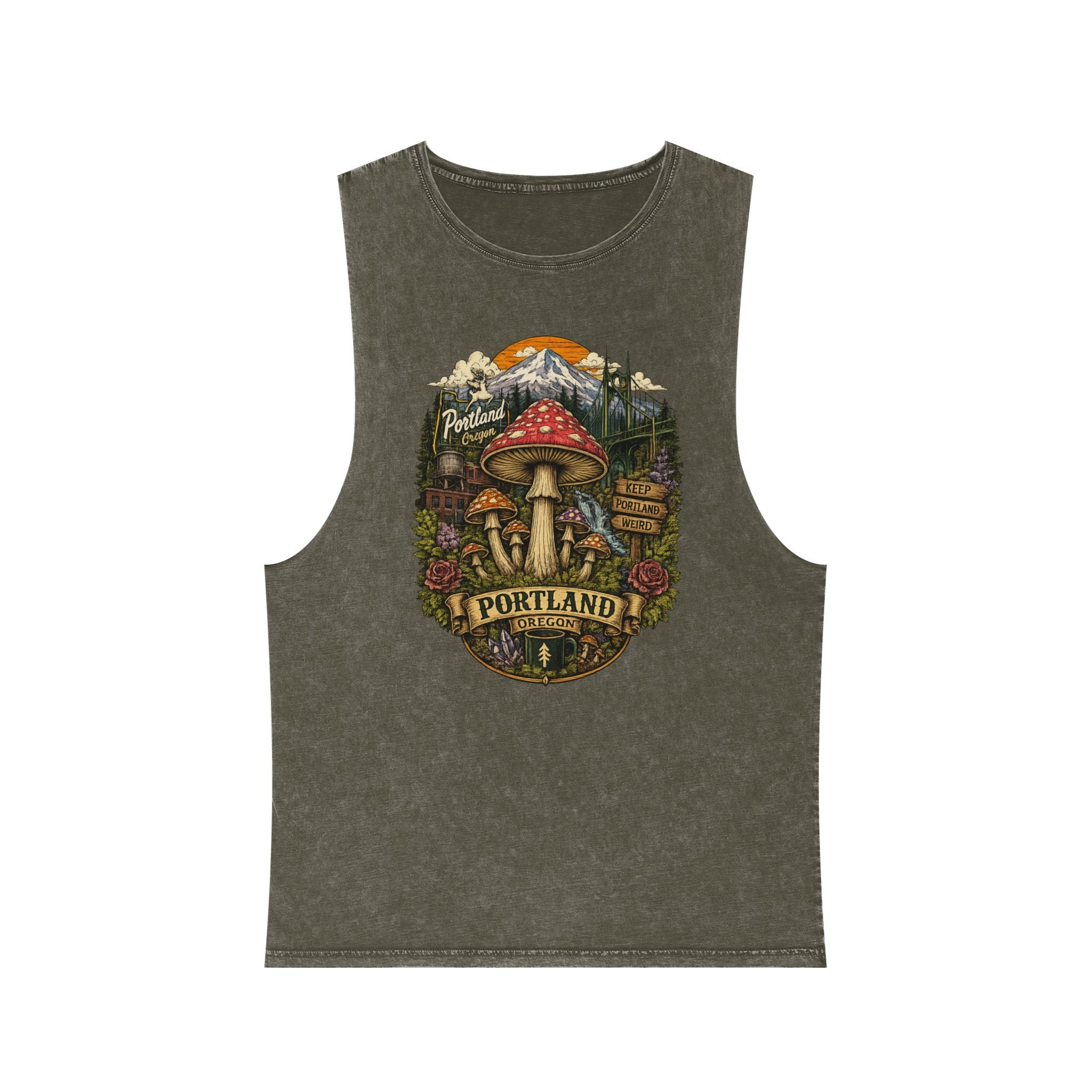 Portland Mushroom Graphic Tank — Stonewash Vintage Nature Tank Top