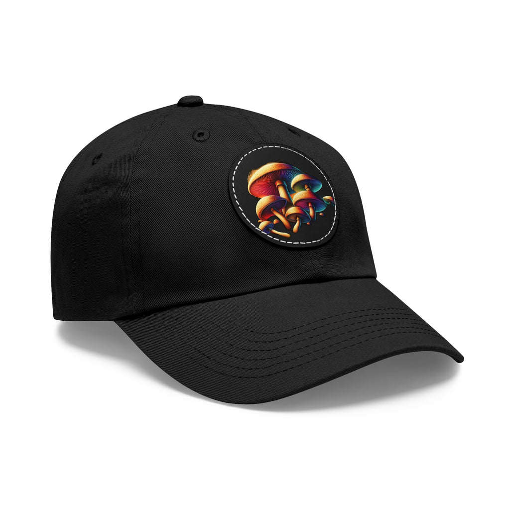 Mushroom Patch Dad Hat — Colorful Psychedelic Fungi Leather Patch Cap