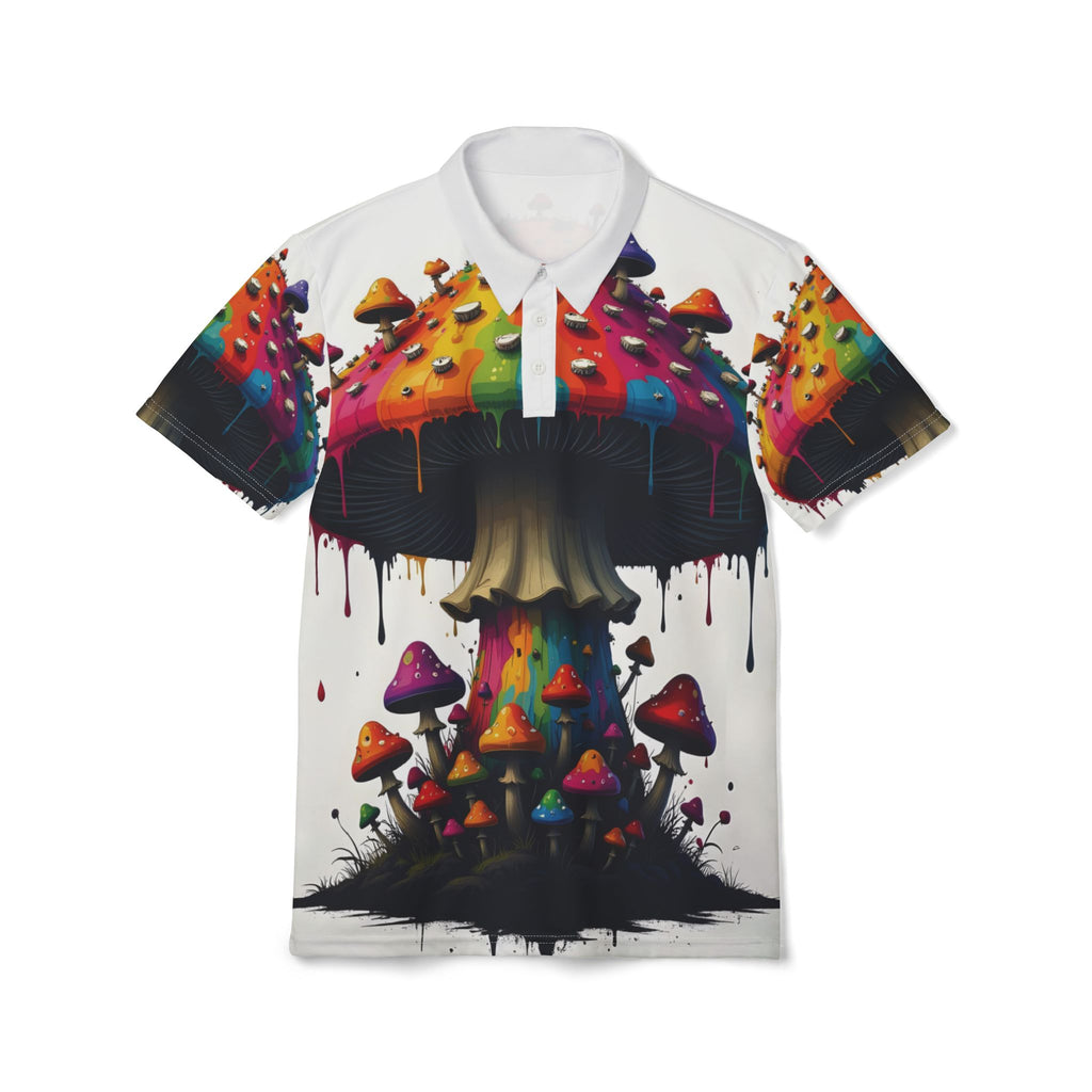 Psychedelic Mushroom Polo Shirt — Colorful Dripping Fungi All-Over Print