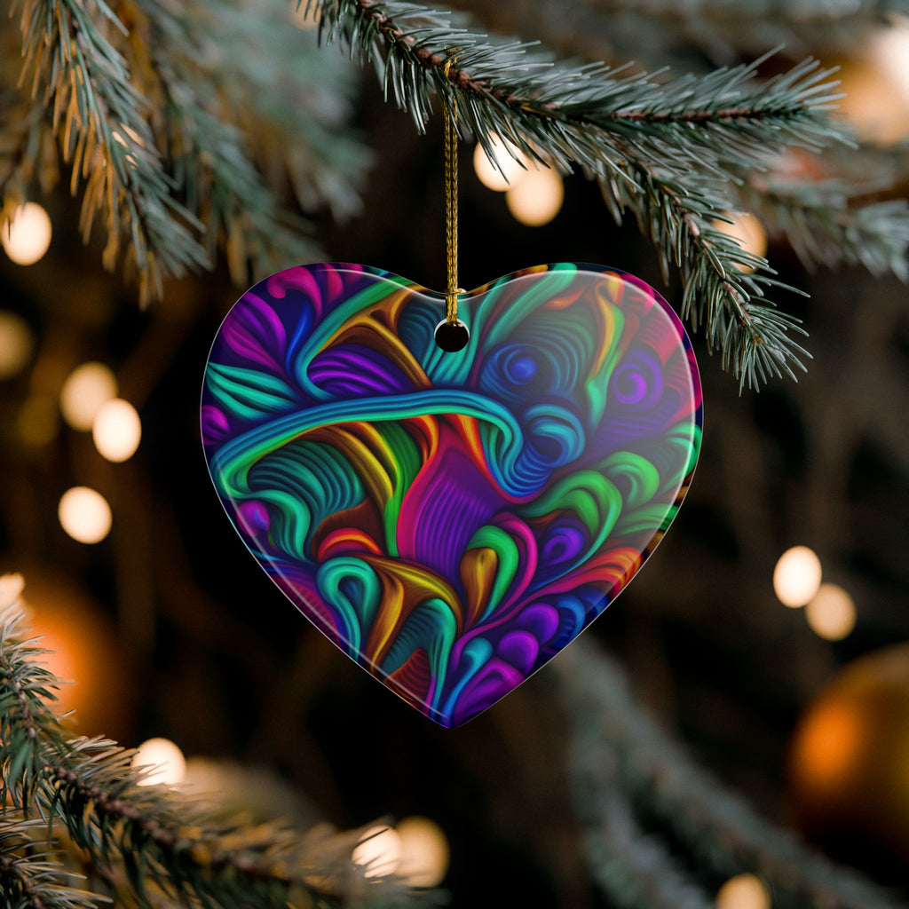 Ceramic Ornament: Heart Ceramic Ornament — Vibrant Abstract Rainbow Swirl Decoration
