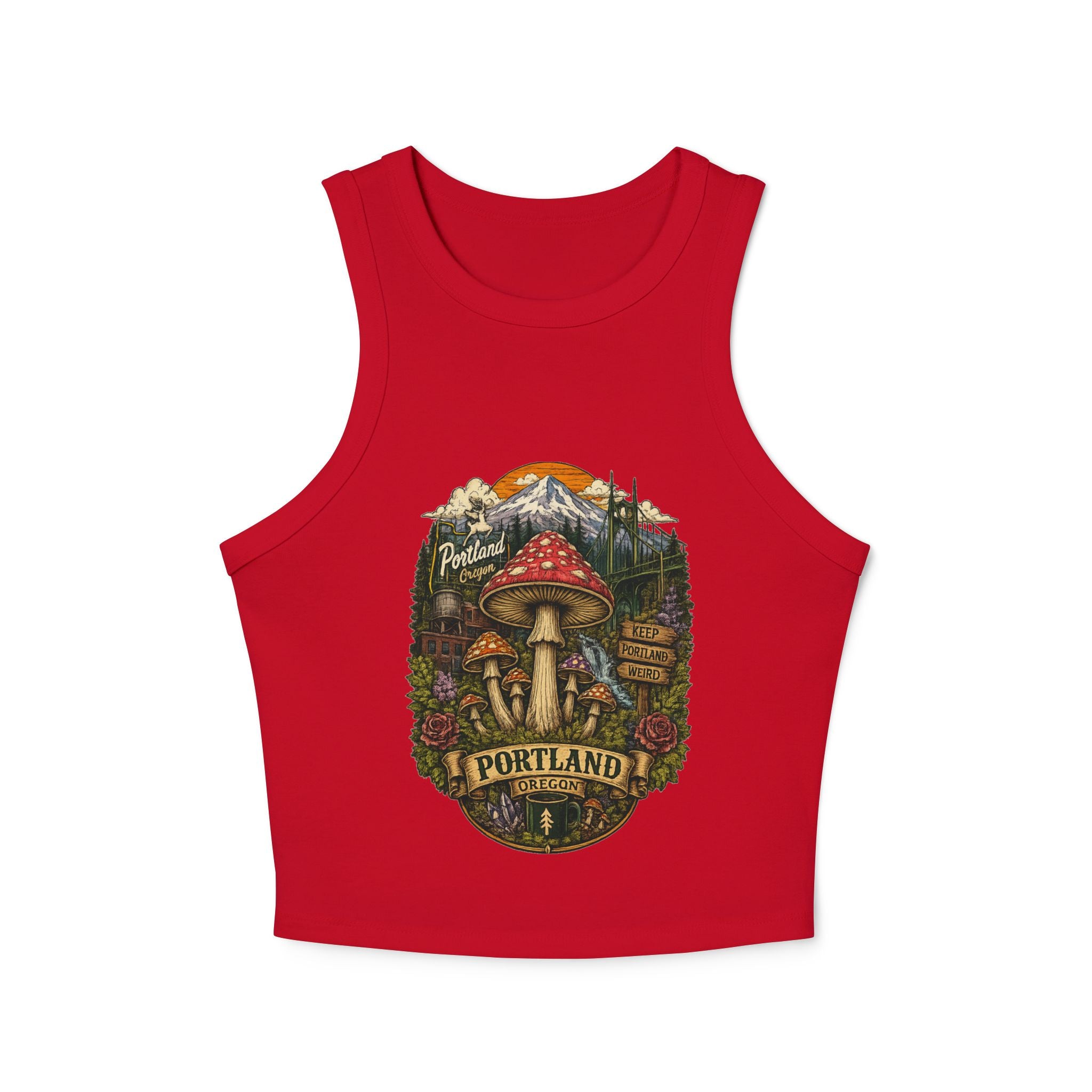 Portland Mushroom Graphic Tank — Women's Crop Racerback Tank Top