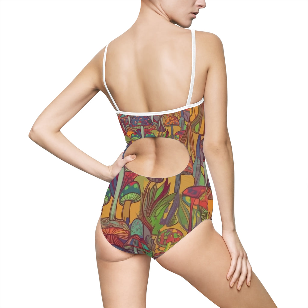 Psychedelic Mushroom Garden One-Piece Swimsuit – Colorful Fungi Print