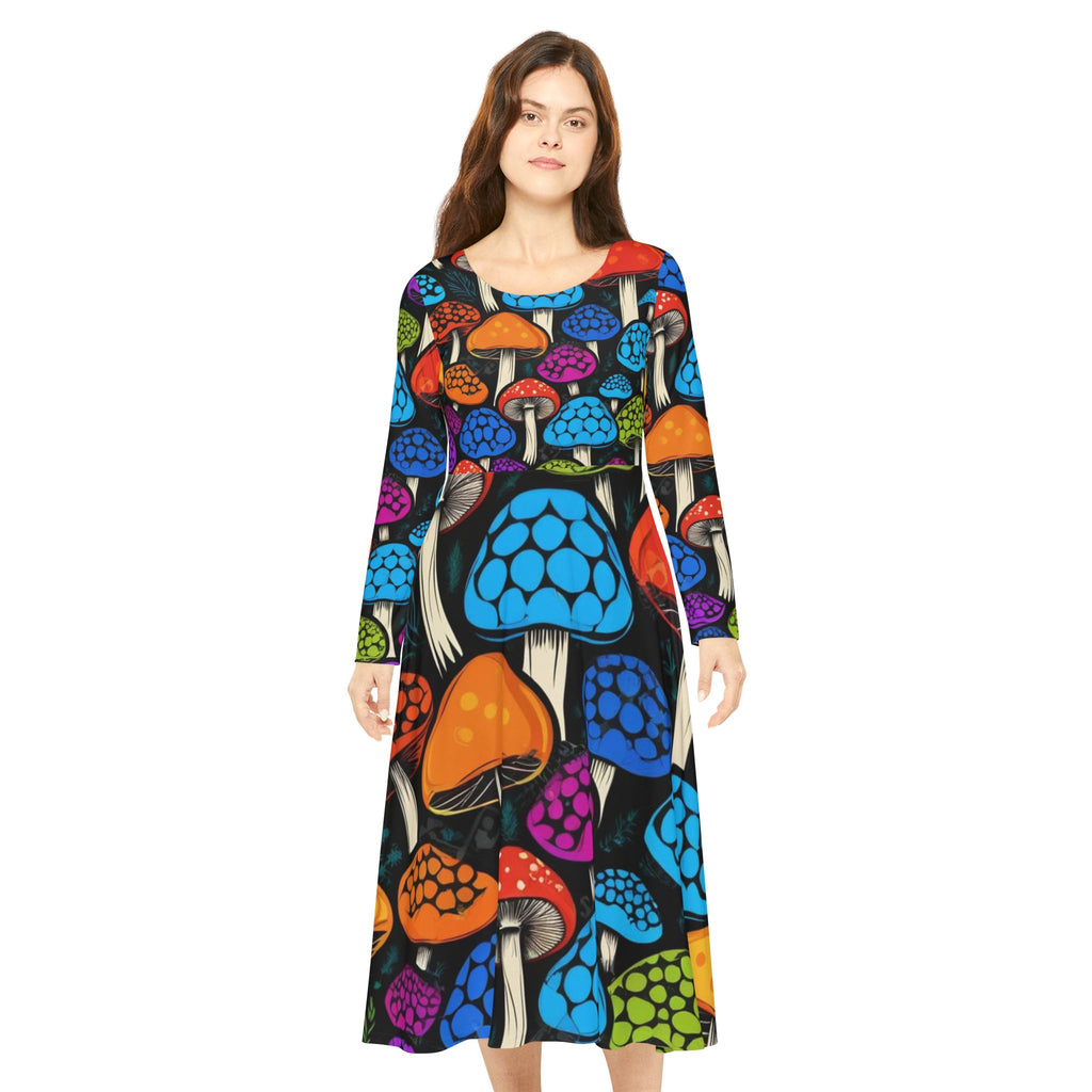 Mushroom Print Long Sleeve Dance Dress – Colorful Psychedelic Fungi AOP