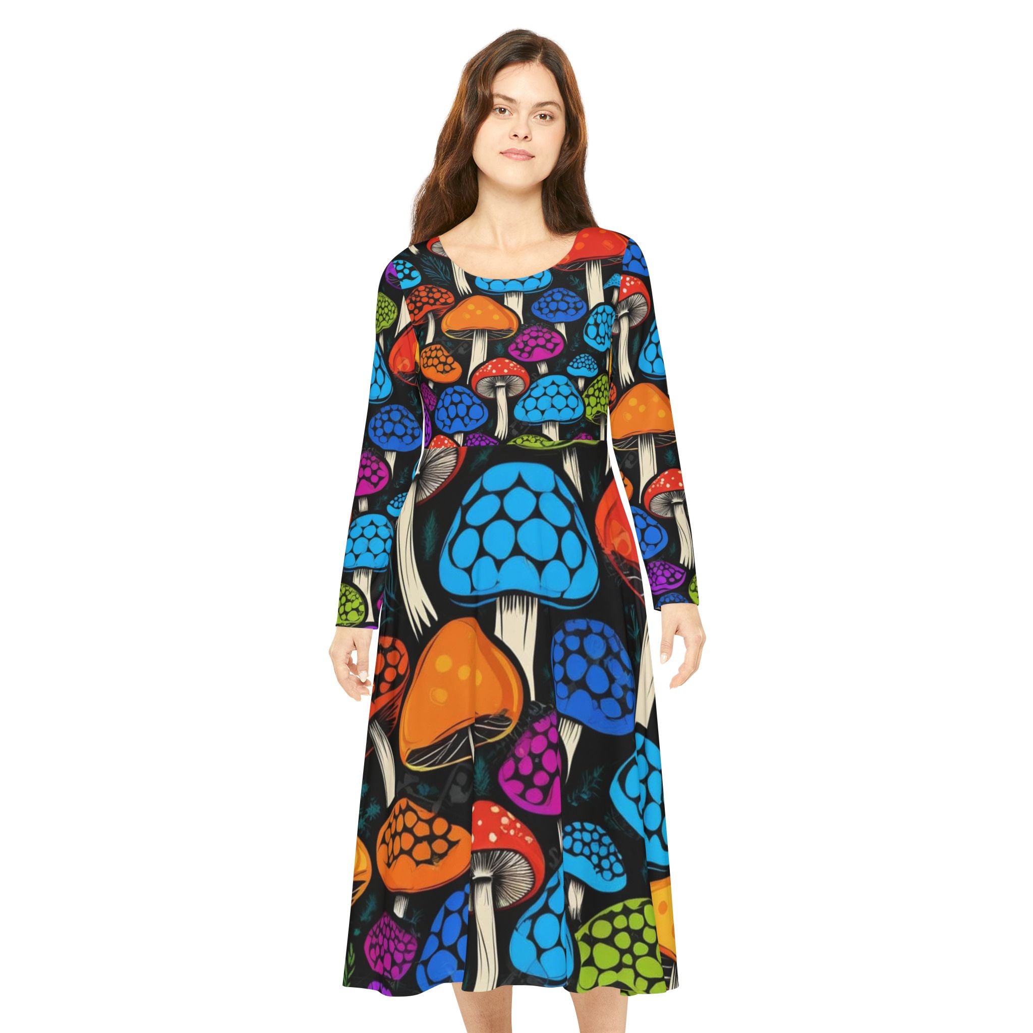 Mushroom Print Long Sleeve Dance Dress – Colorful Psychedelic Fungi AOP