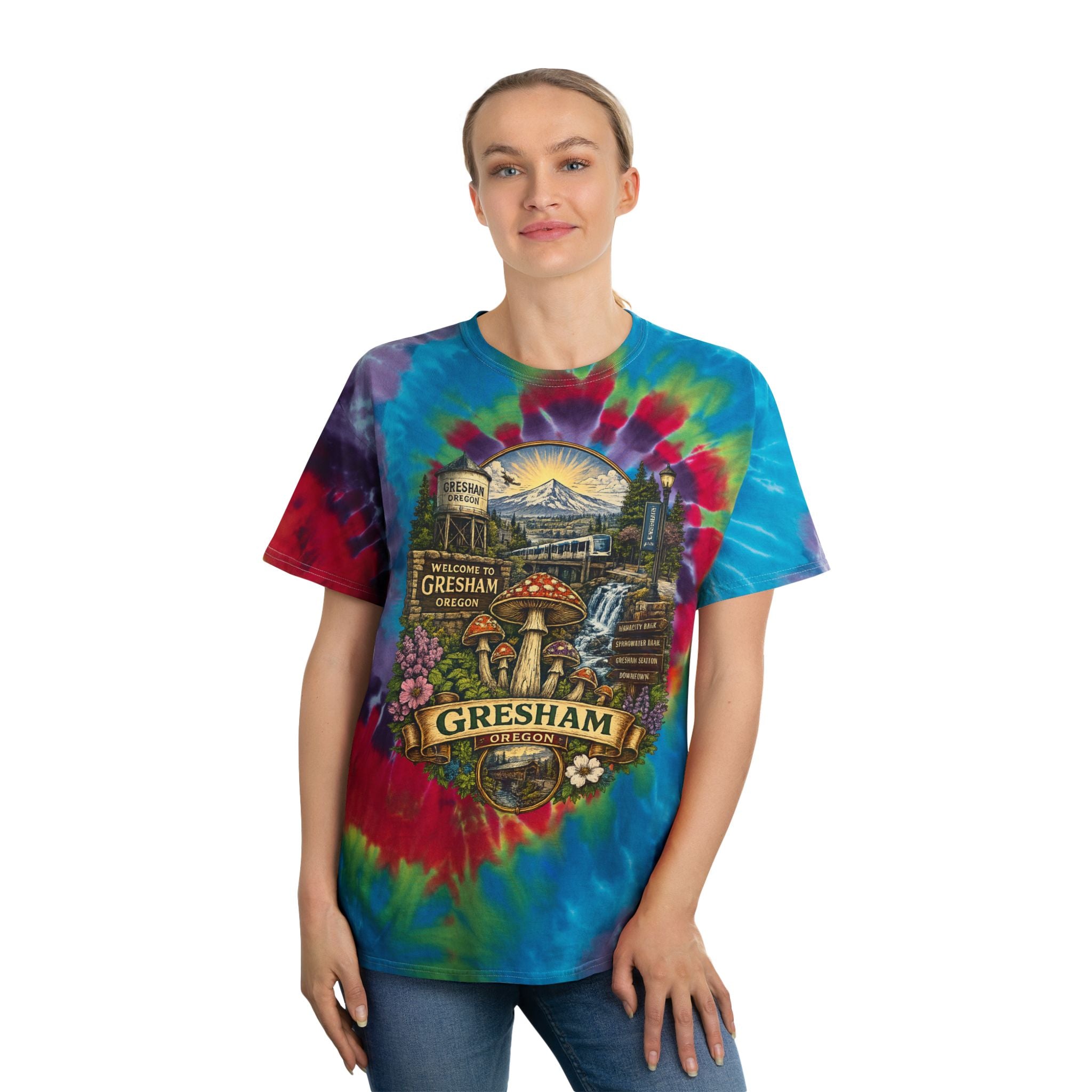 City: Gresham Oregon Spiral Tie-Dye Tee — Vintage Mushroom & Farmers Market Graphic
