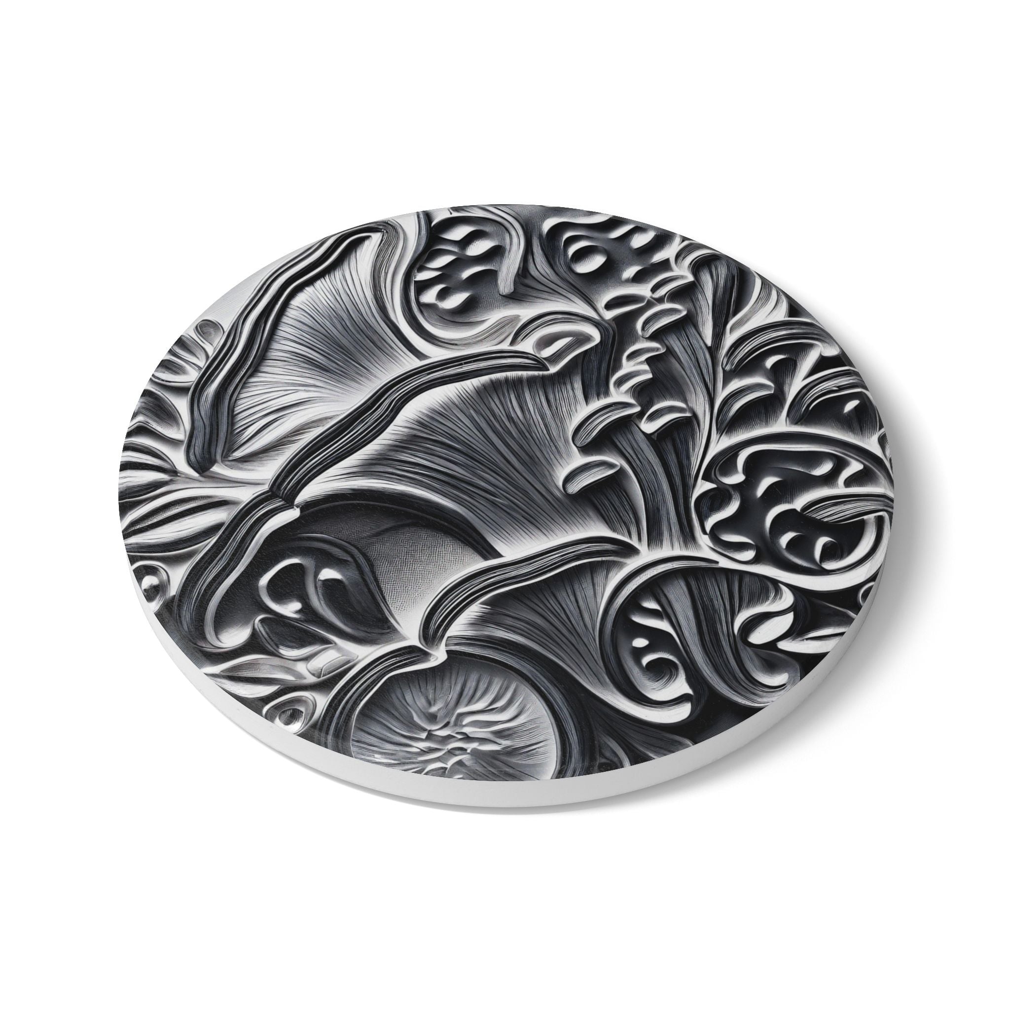 Ceramic Coaster: Black & Silver Floral Relief Design, Elegant Gothic Home Decor