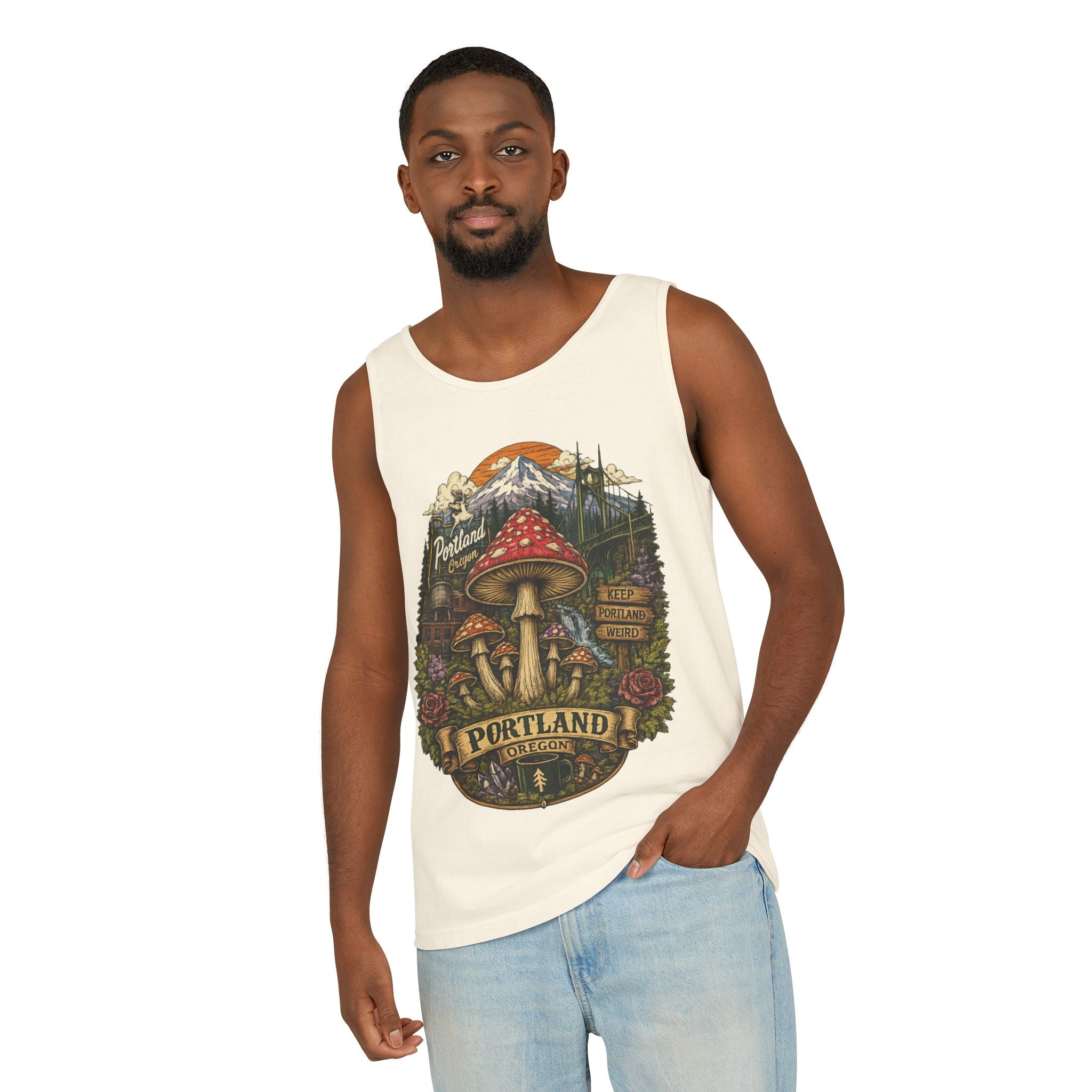 City: Portland Mushroom Tank Top — Vintage Forest Travel Graphic