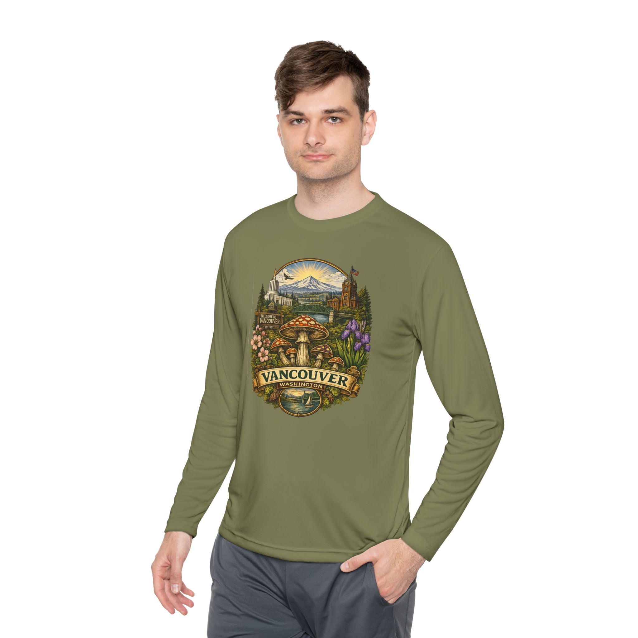 Vancouver Nature Long Sleeve Tee — Scenic Mountains & Mushroom Art