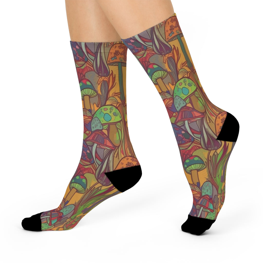 Socks: Mushroom Pattern Cushioned Crew Socks — Colorful Funky Forest Toe & Heel