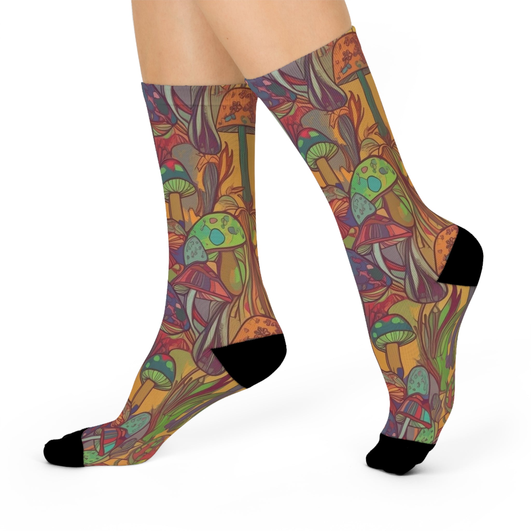 Socks: Mushroom Pattern Cushioned Crew Socks — Colorful Funky Forest Toe & Heel