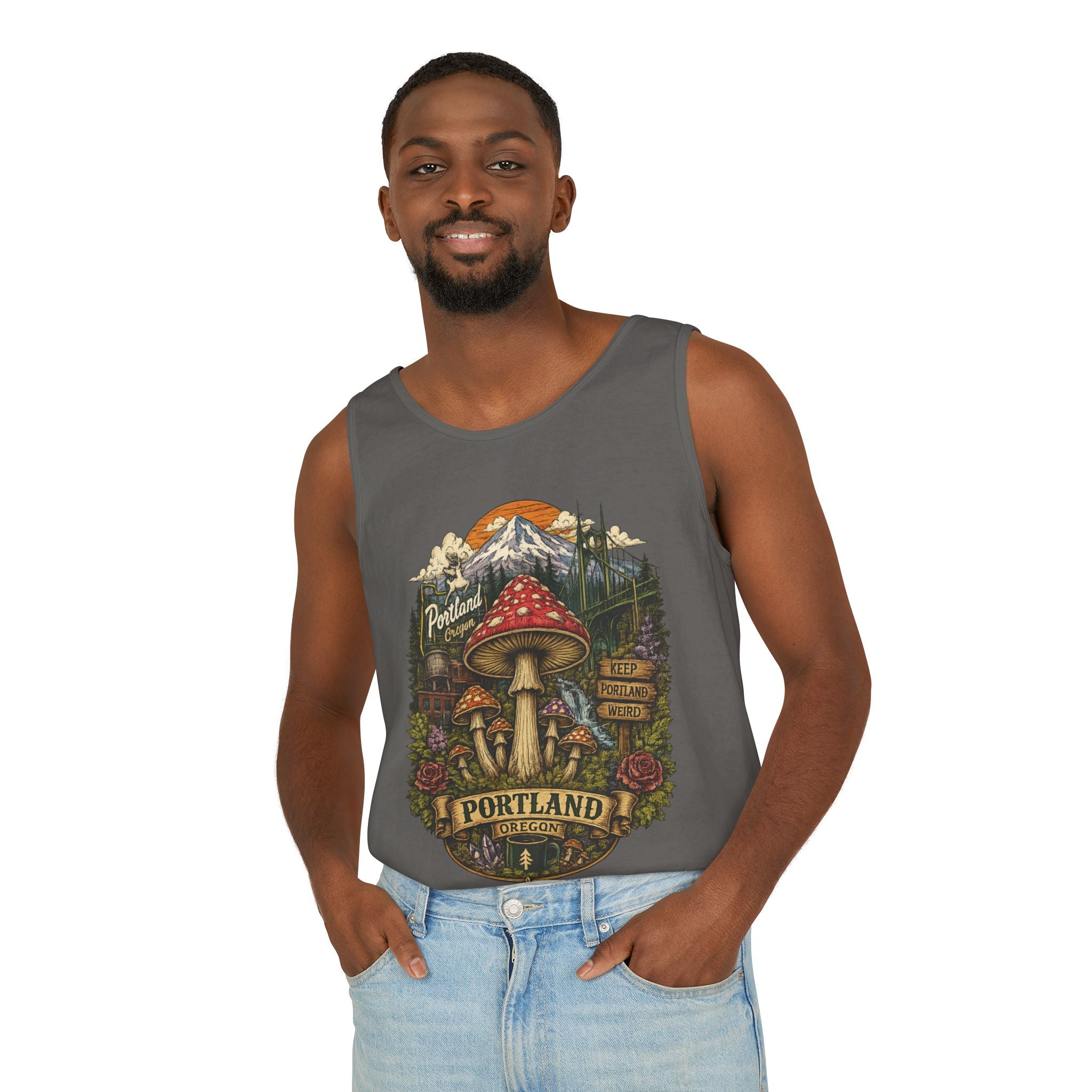 City: Portland Mushroom Tank Top — Vintage Forest Travel Graphic