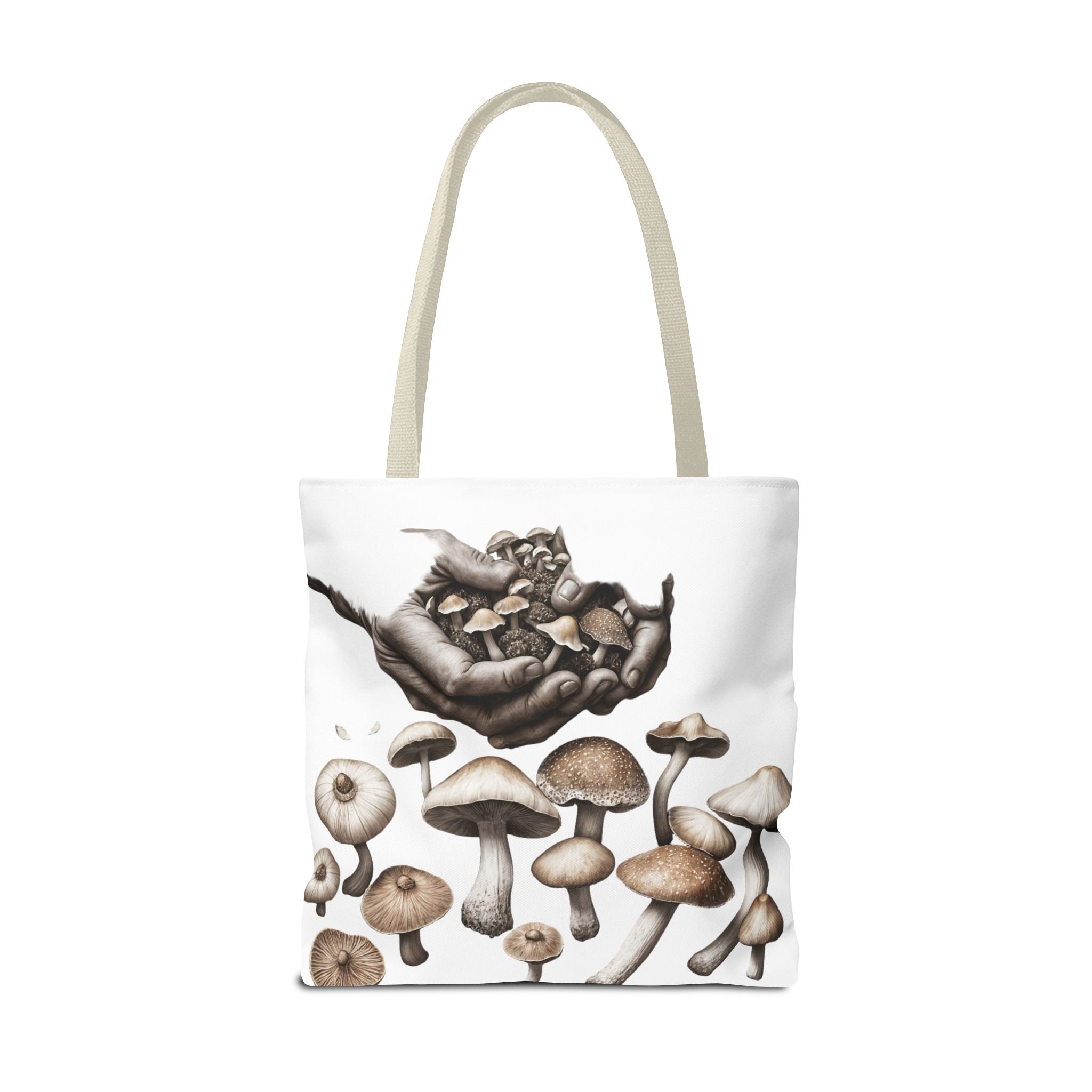 Mushroom Garden Tote Bag — Hand-Held Fungi Illustration All-Over Print