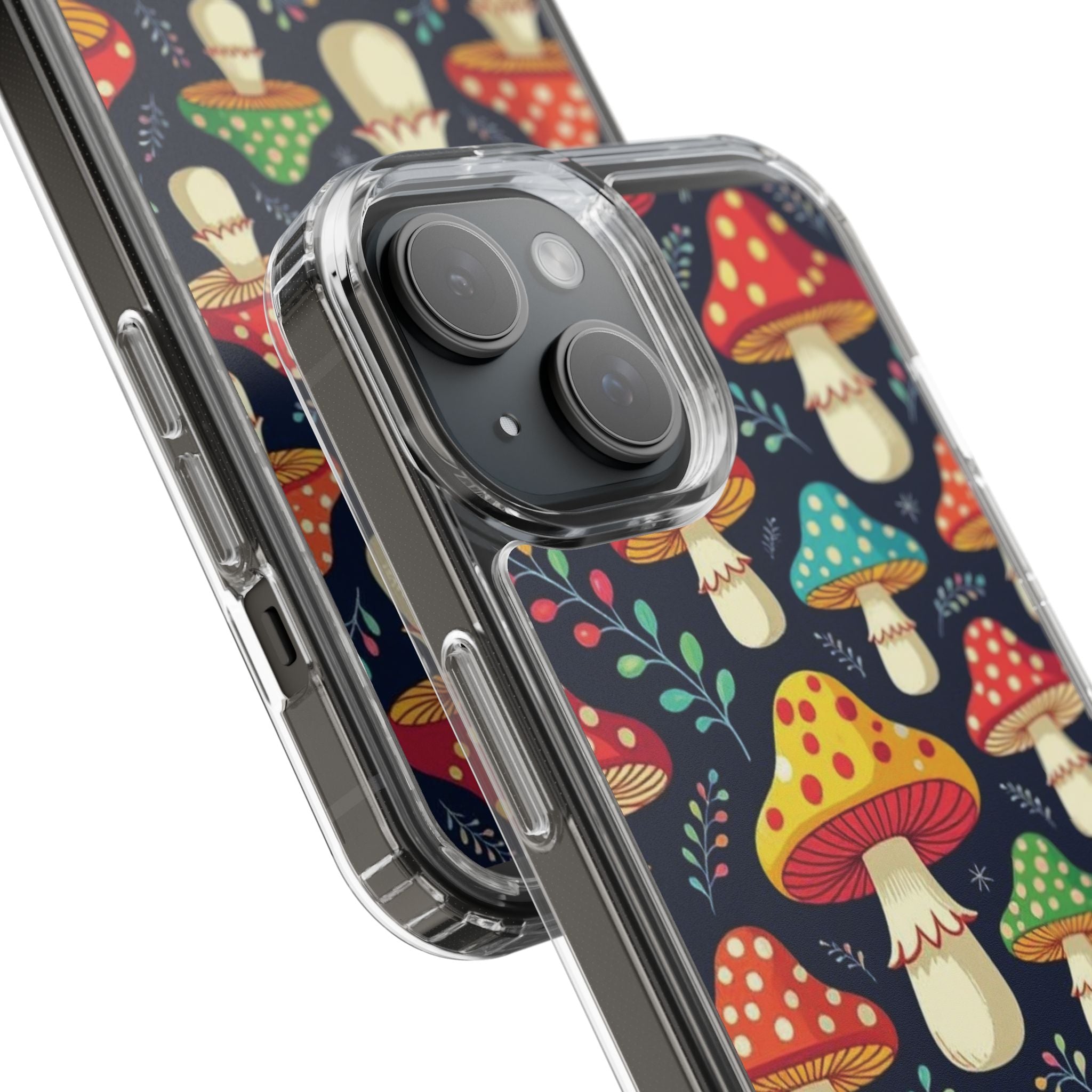 Phone Case: Mushroom Pattern Clear Phone Case — Colorful Toadstool Floral Design