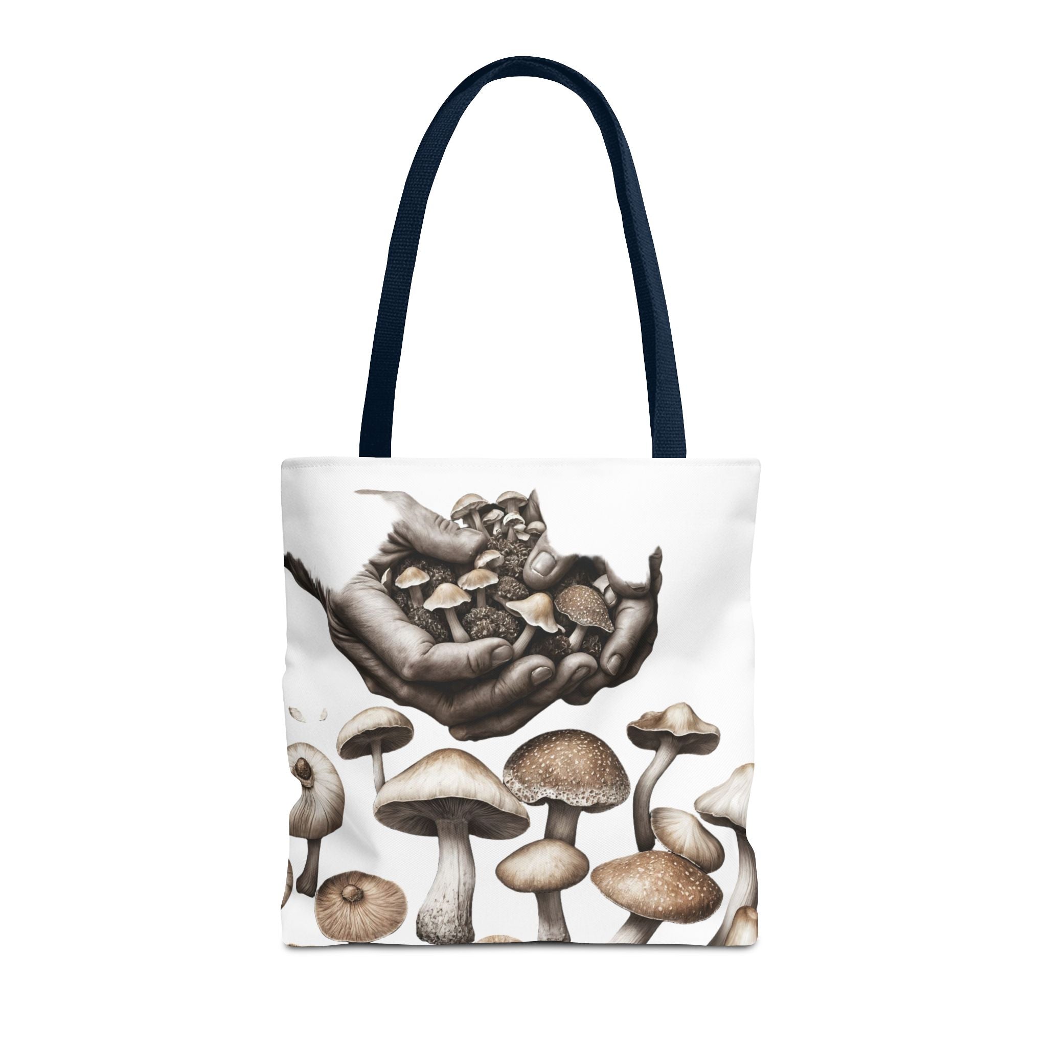 Mushroom Garden Tote Bag — Hand-Held Fungi Illustration All-Over Print