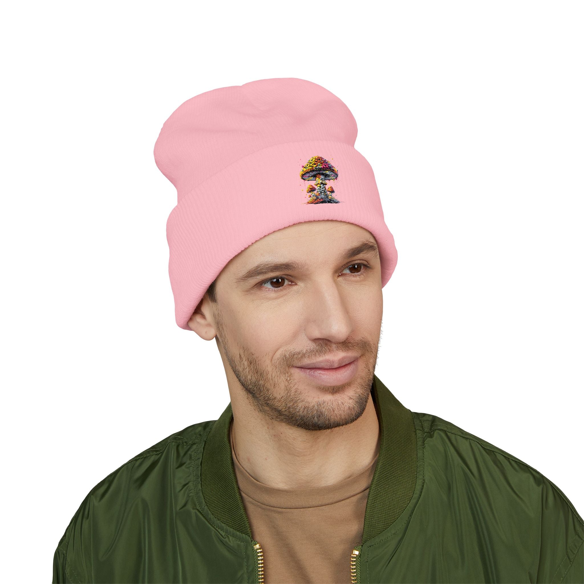 Beanie: Embroidered Colorful Mushroom Beanie — Cute Cuffed Knit Hat