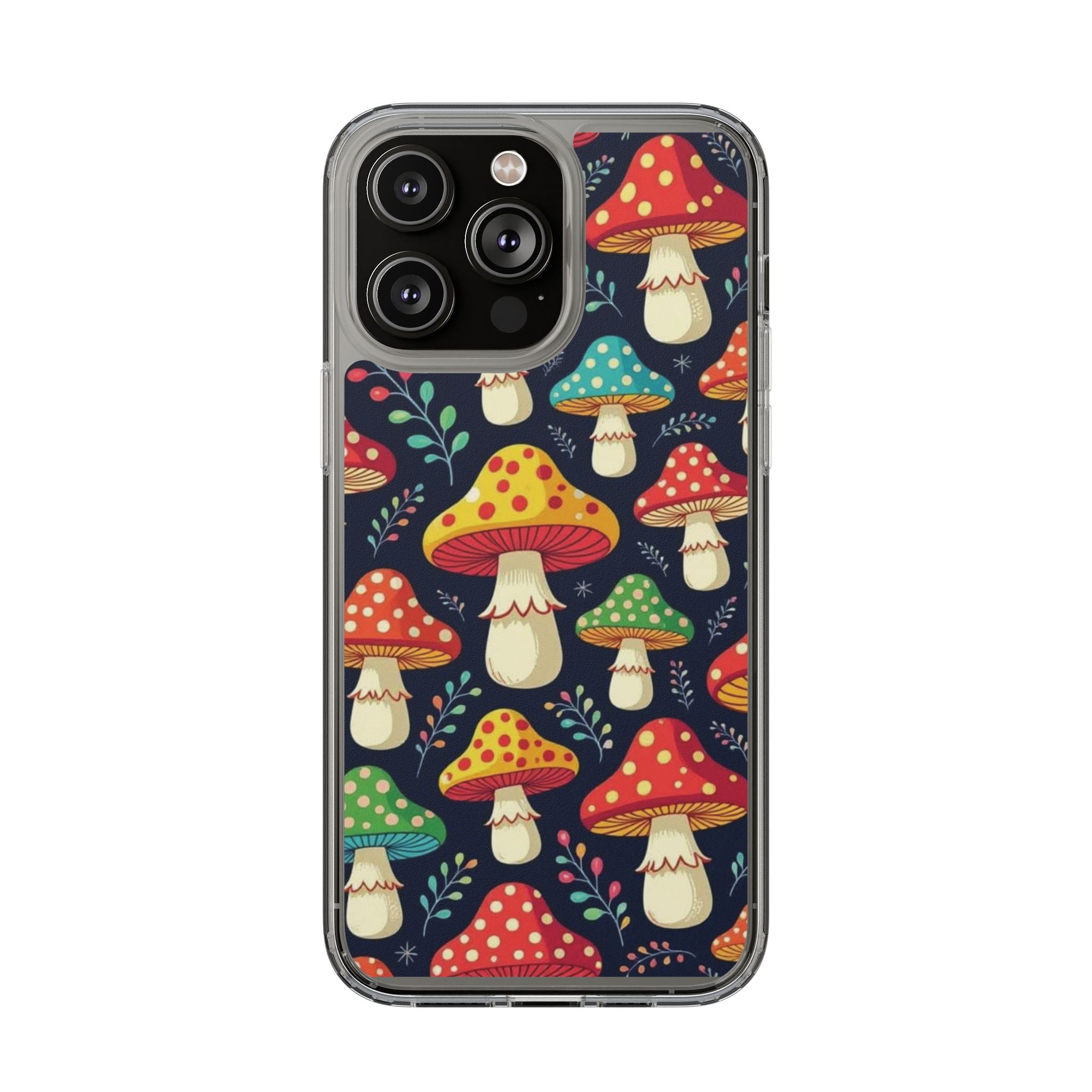 Phone Case: Mushroom Pattern Clear Phone Case — Colorful Toadstool Floral Design