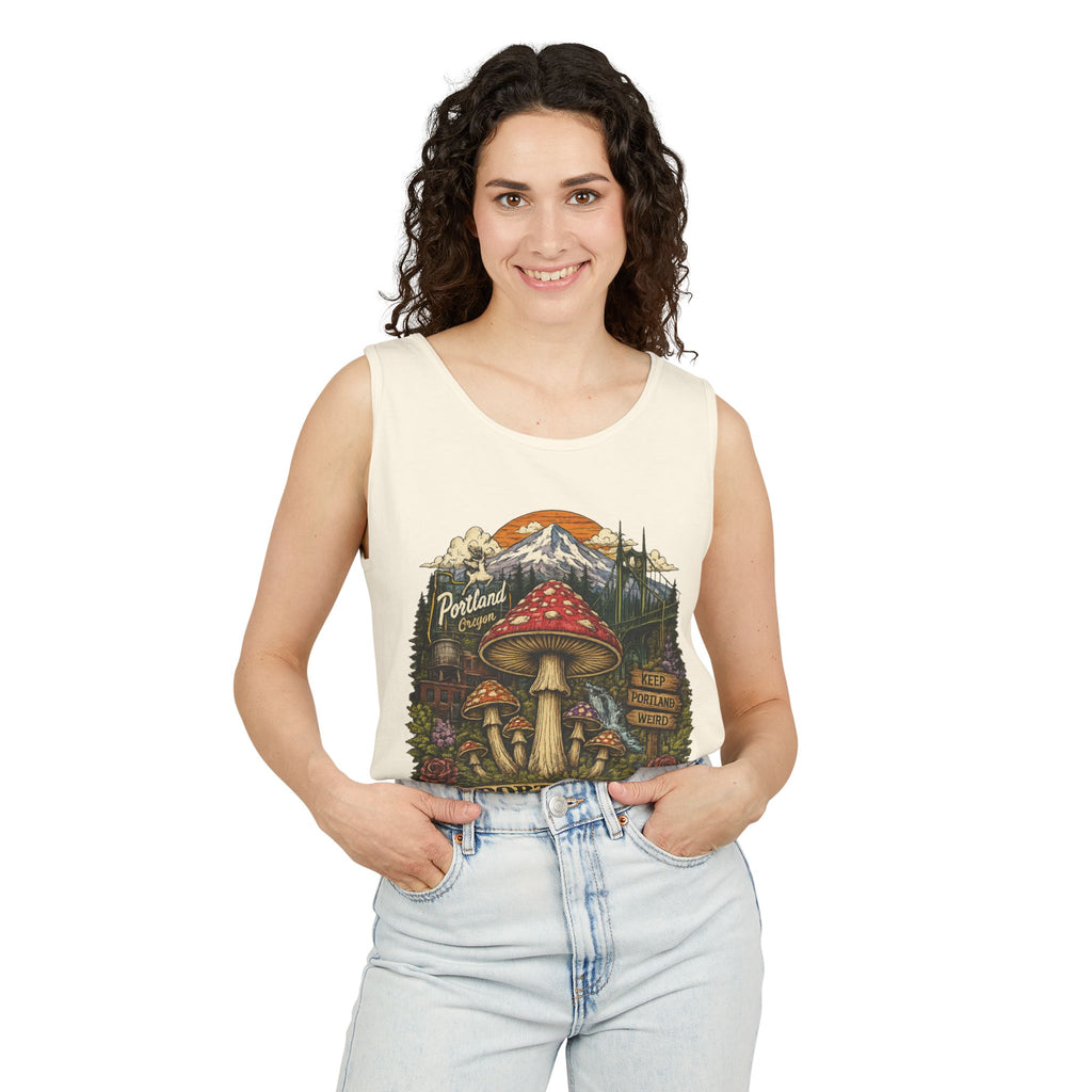 City: Portland Mushroom Tank Top — Vintage Forest Travel Graphic