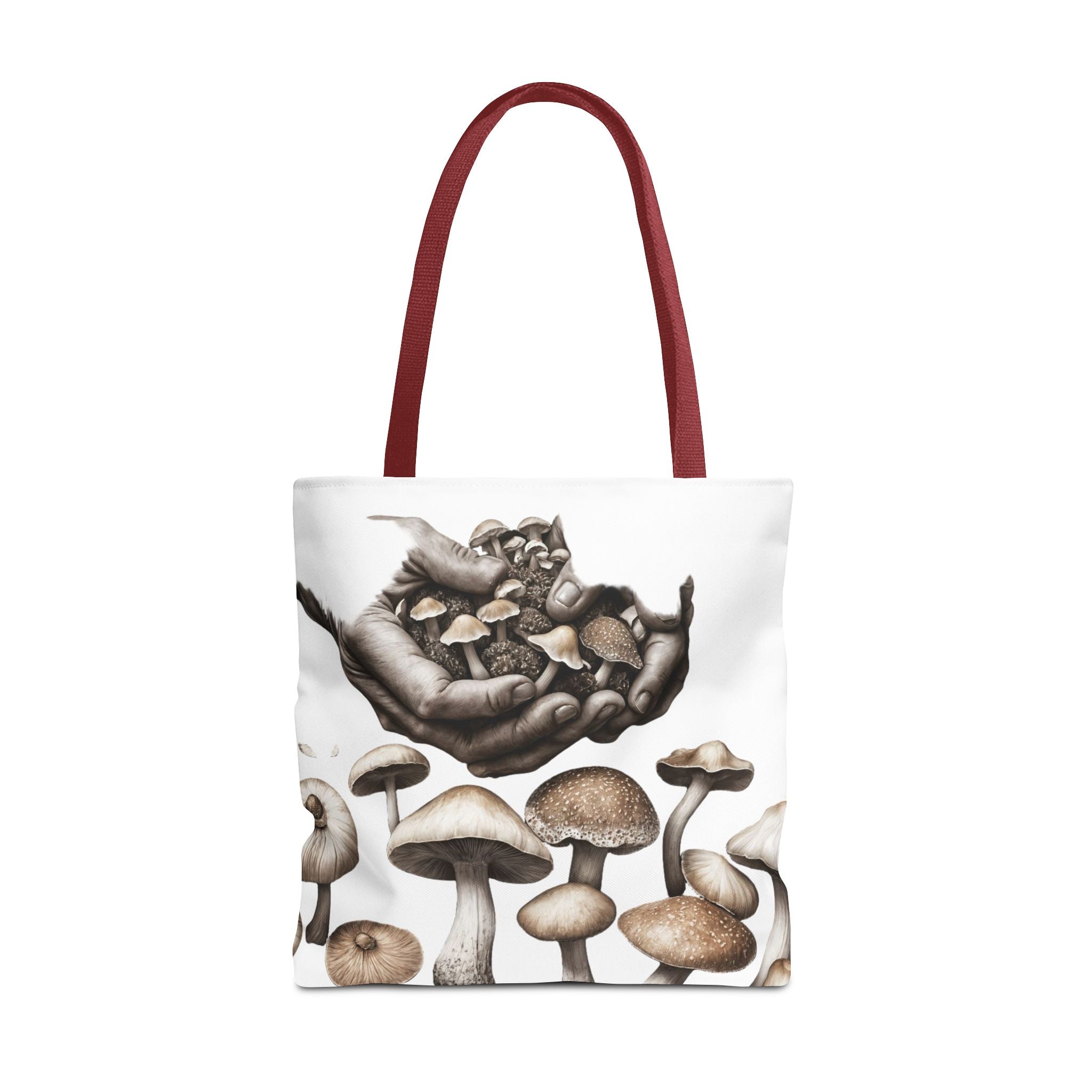 Mushroom Garden Tote Bag — Hand-Held Fungi Illustration All-Over Print
