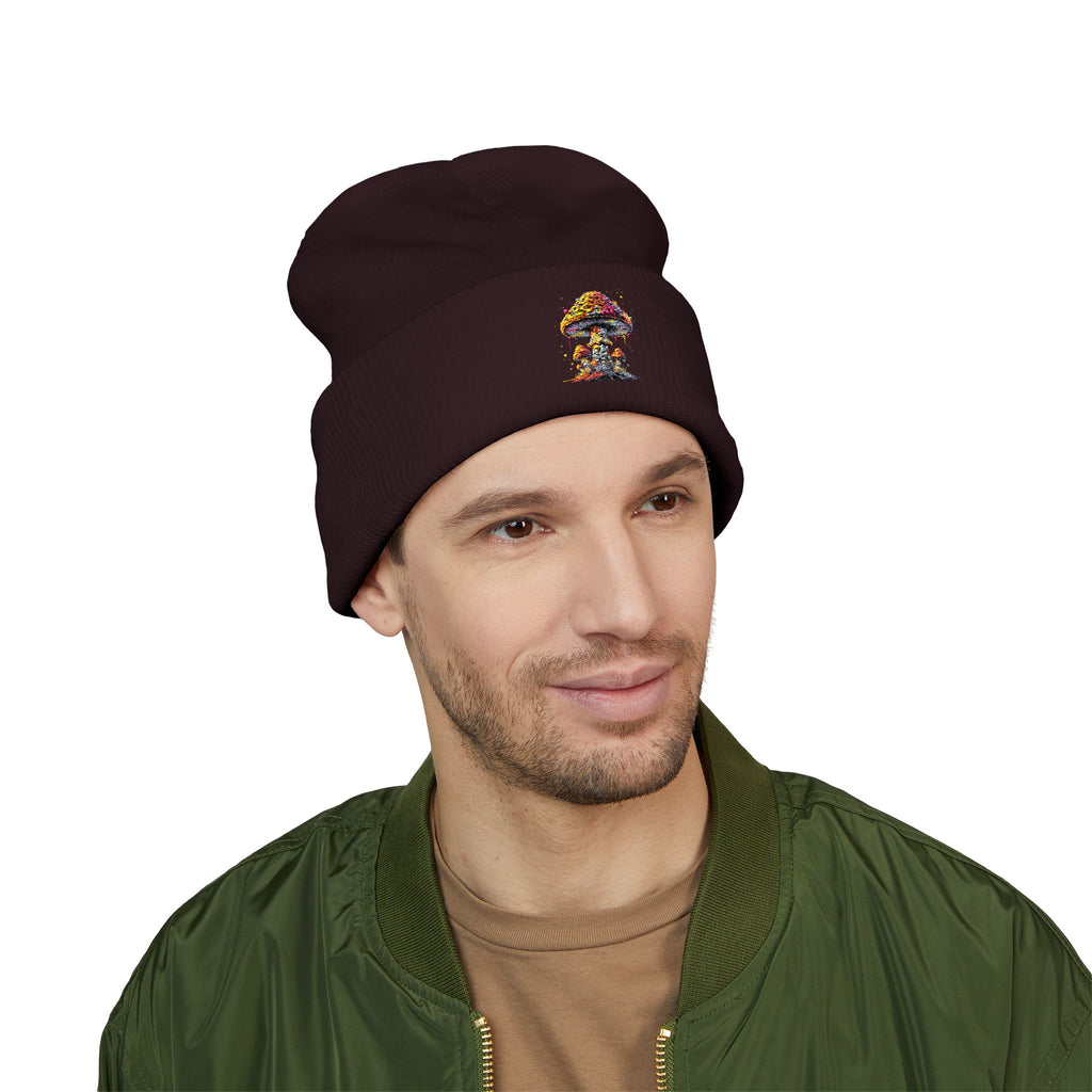 Beanie: Embroidered Colorful Mushroom Beanie — Cute Cuffed Knit Hat