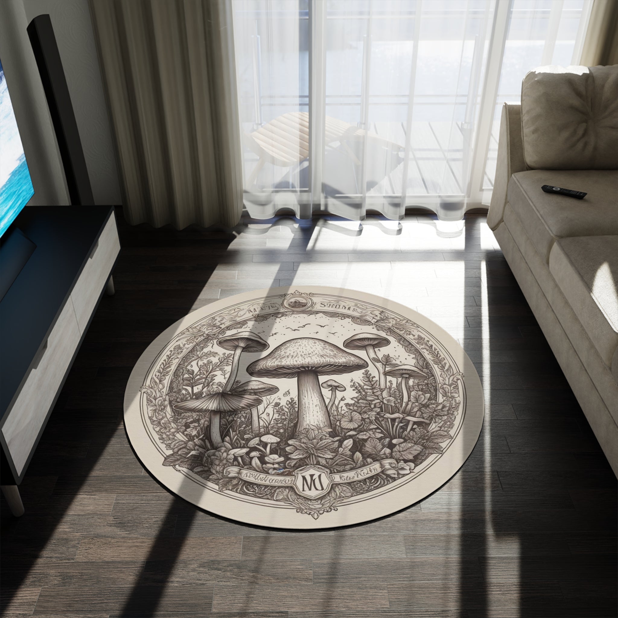 Bohemian Mushroom Round Rug – Vintage Botanical Fungi Illustration