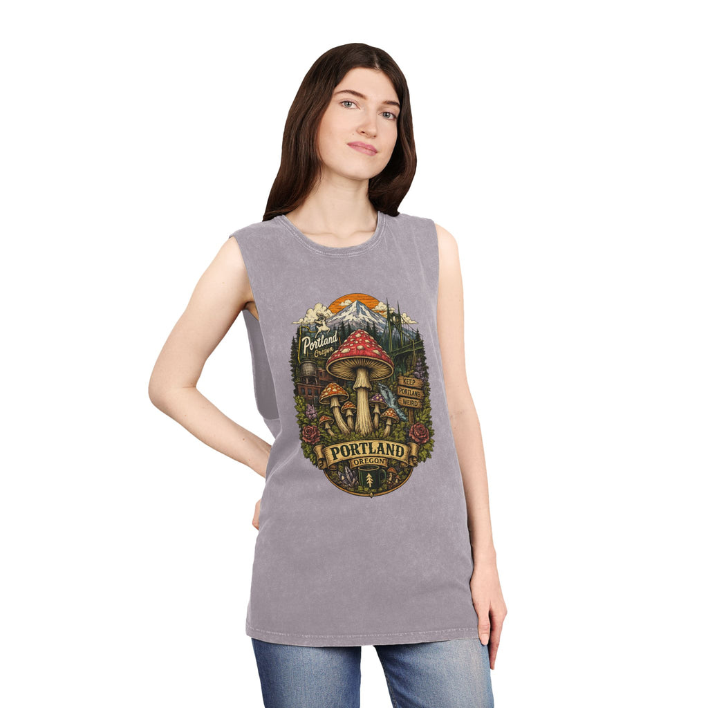 Portland Mushroom Graphic Tank — Stonewash Vintage Nature Tank Top