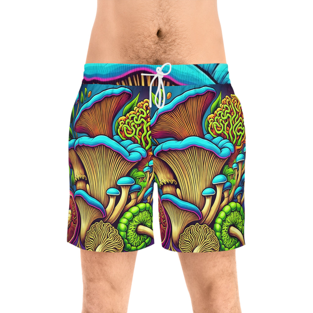 Psychedelic Mushroom Print Men's Swim Shorts — Colorful Fungi AOP Beach Trunks