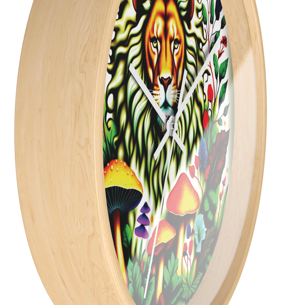 Lion & Mushrooms Wall Clock — Colorful Botanical Animal Art Timepiece