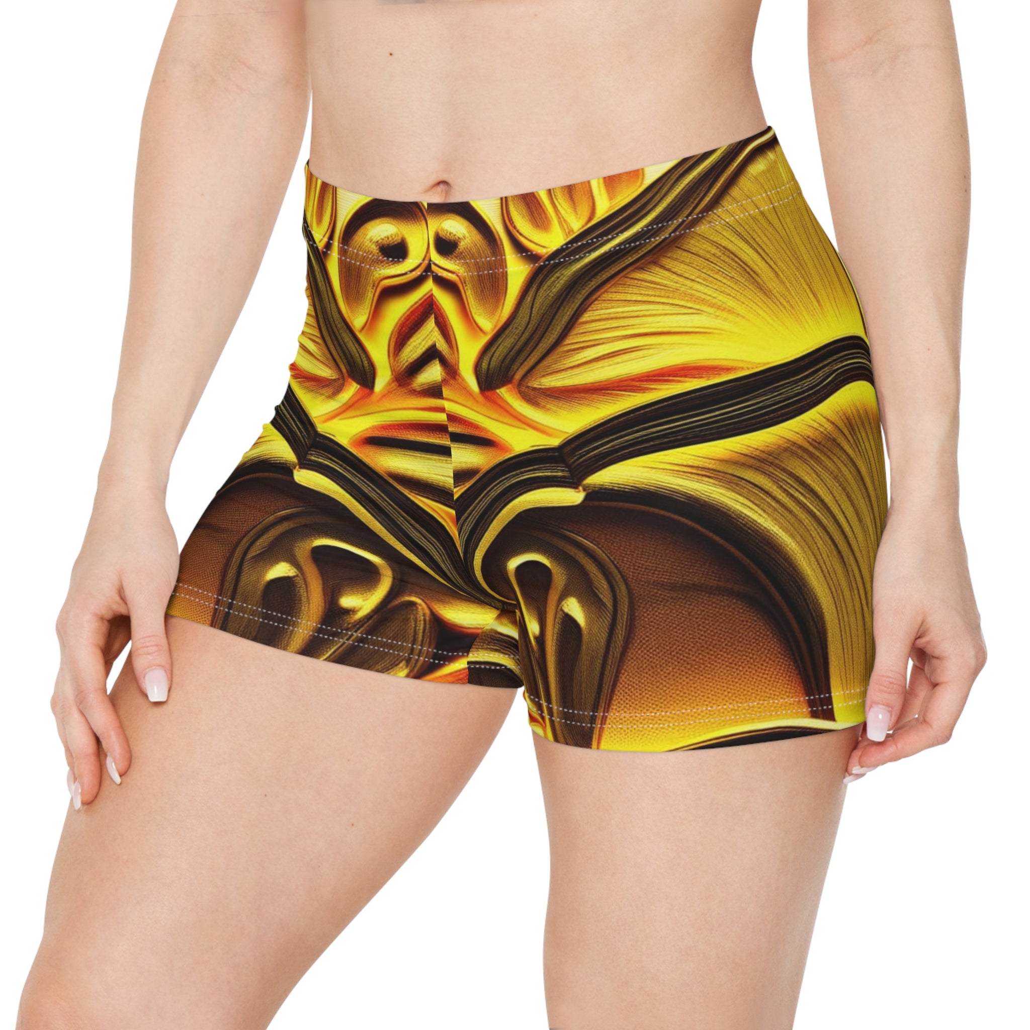 Golden Glow Mushroom Activewear Shorts – Fungi Flow Women's Workout Shorts