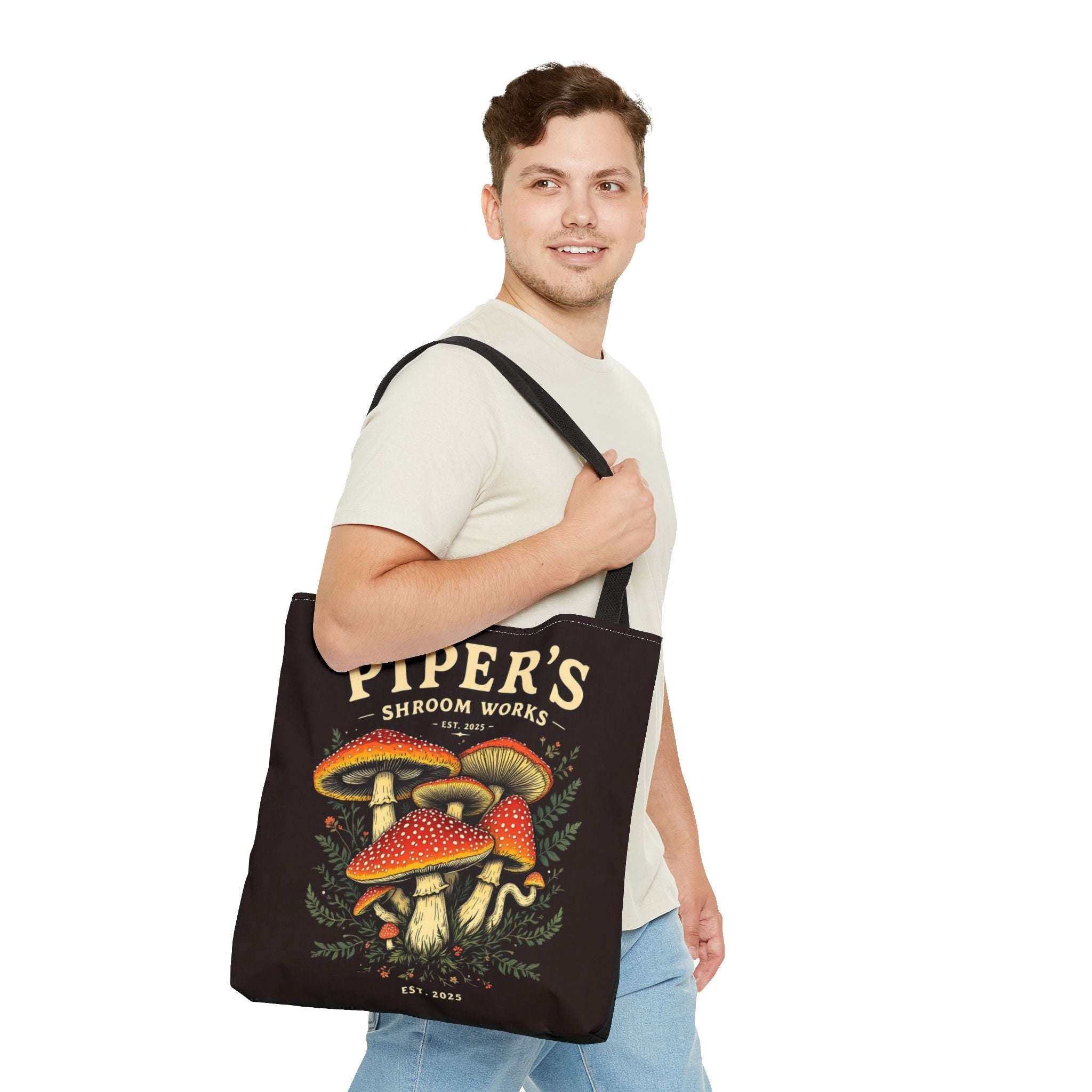 Mushroom Tote Bag — "Piper's Shroom Works" Vintage Fungi Market Shopper