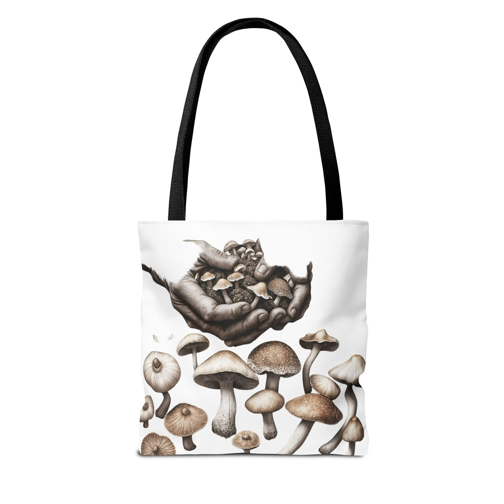 Mushroom Garden Tote Bag — Hand-Held Fungi Illustration All-Over Print
