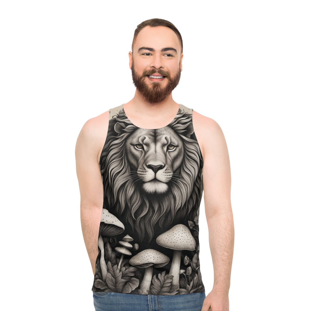 Camiseta sin mangas con estampado integral de león y setas — Vibras de bosque majestuoso monocromático