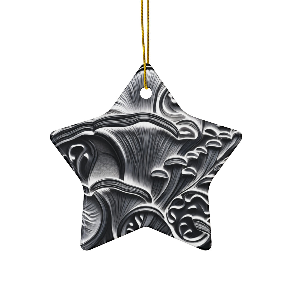 Ceramic Ornament: Black & White Mushroom Ceramic Ornament — Star-Shaped Decorative Holiday Keepsake