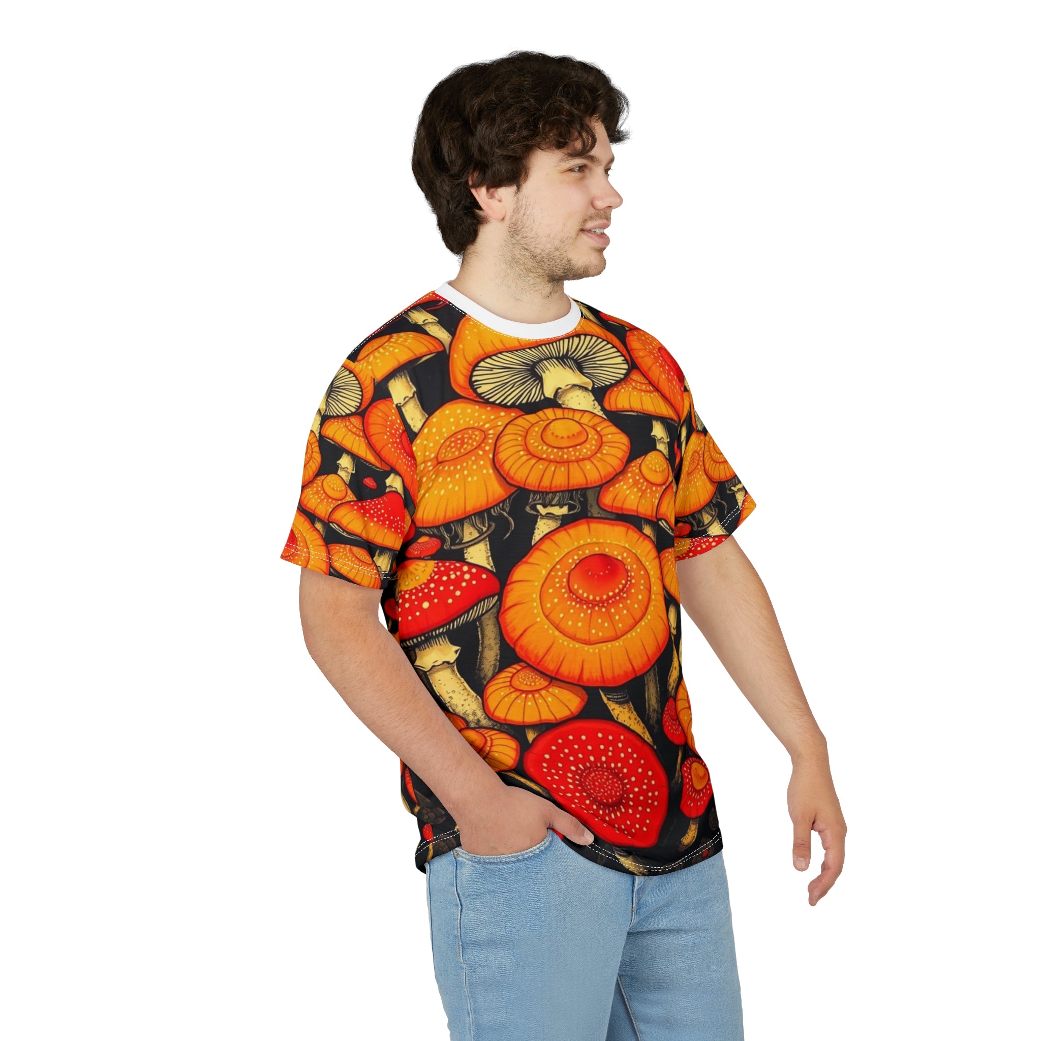 Camiseta con estampado completo de hongos psicodélicos anaranjados