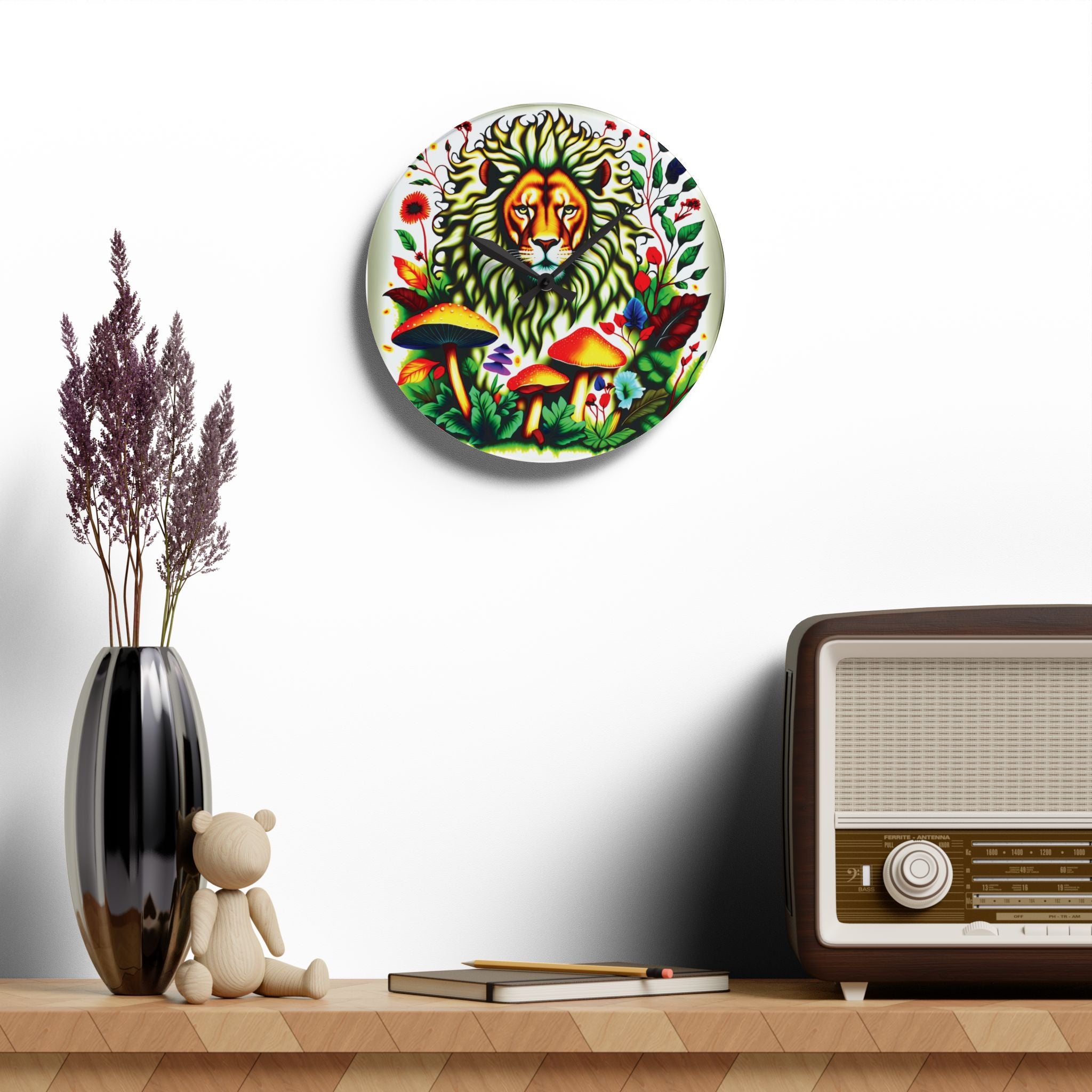 Lion & Mushrooms Acrylic Wall Clock — Colorful Botanical Animal Art
