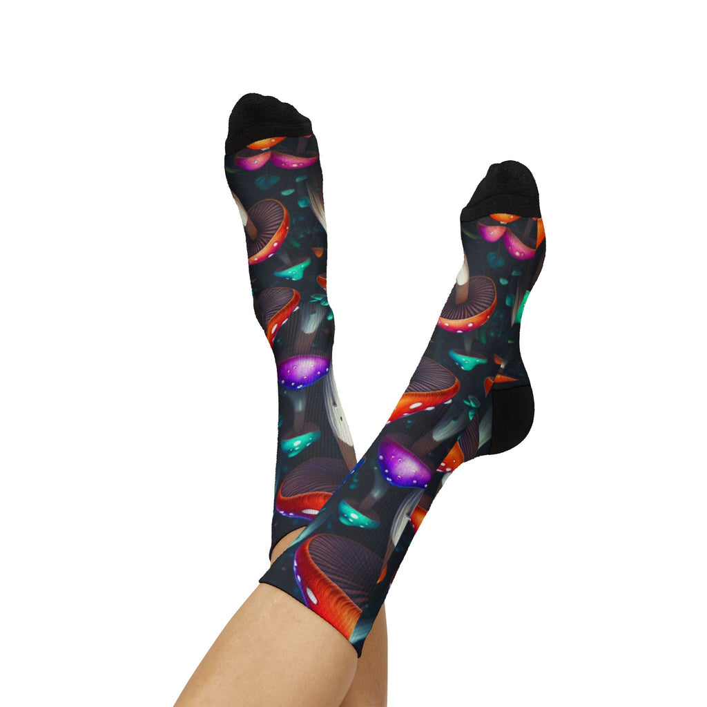 Socks: Psychedelic Mushroom Sublimation Socks — Colorful Fantasy Crew Socks