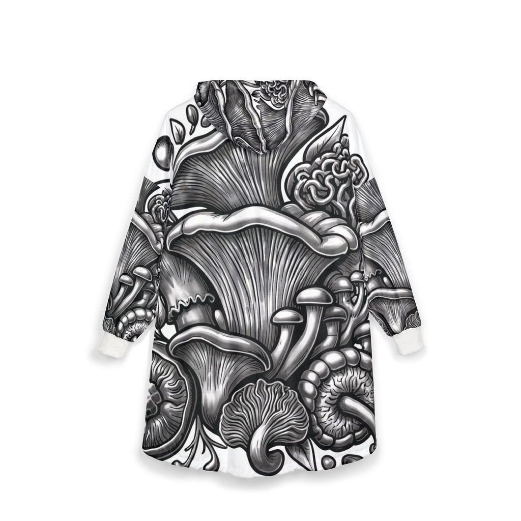 Mushroom Forest Hooded Blanket — Black & White Fungi Illustration Cozy Throw