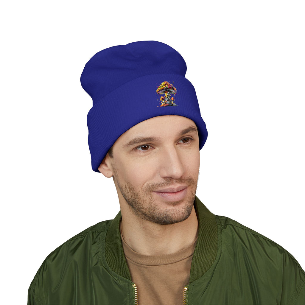 Beanie: Embroidered Colorful Mushroom Beanie — Cute Cuffed Knit Hat