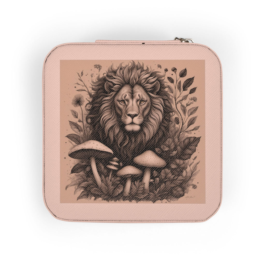 Lion & Mushrooms Jewelry Travel Case — Compact Organizer for Rings, Earrings & Necklaces
