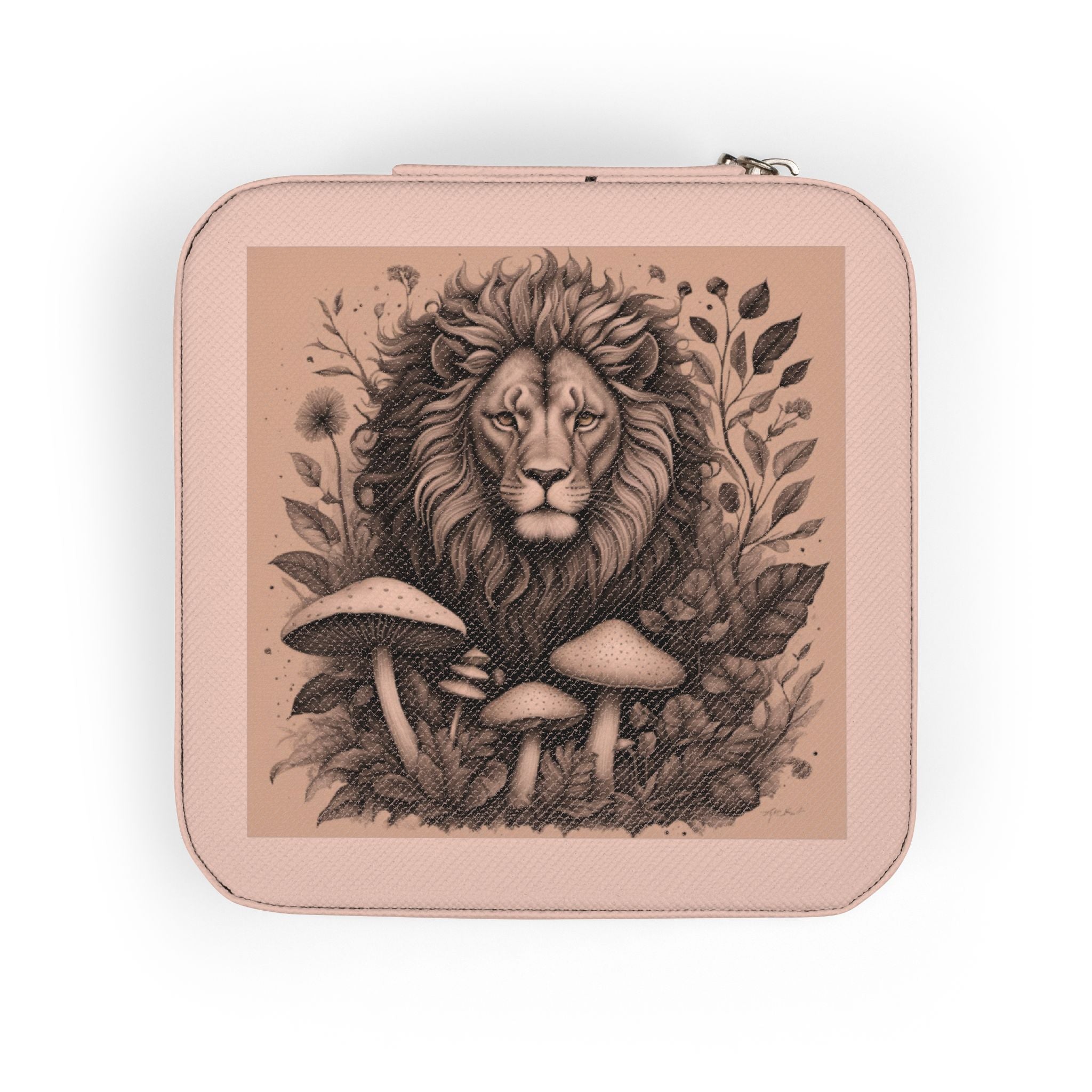 Lion & Mushrooms Jewelry Travel Case — Compact Organizer for Rings, Earrings & Necklaces