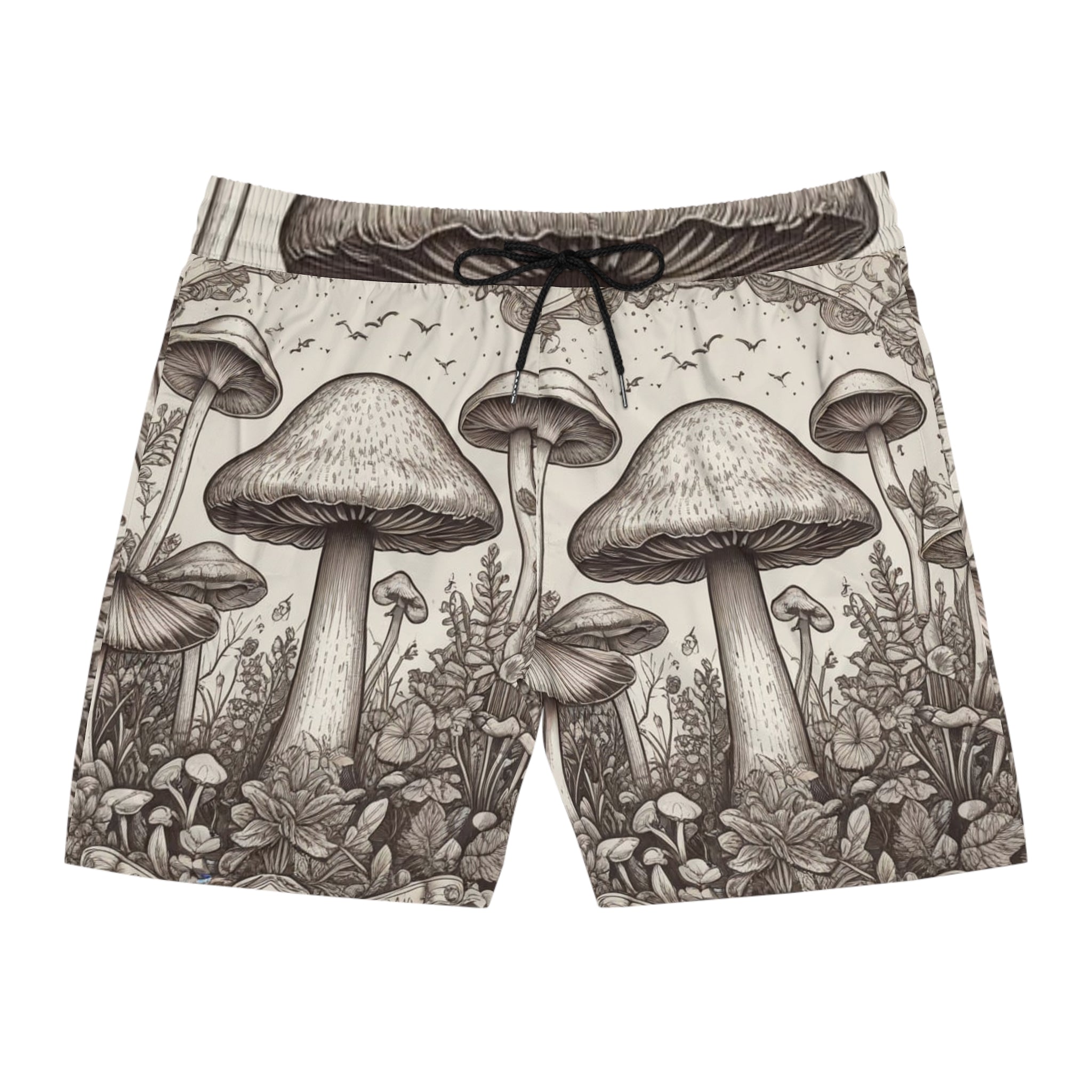 Mushroom Forest Swim Shorts — Vintage Botanical Mens Mid-Length Boardshorts