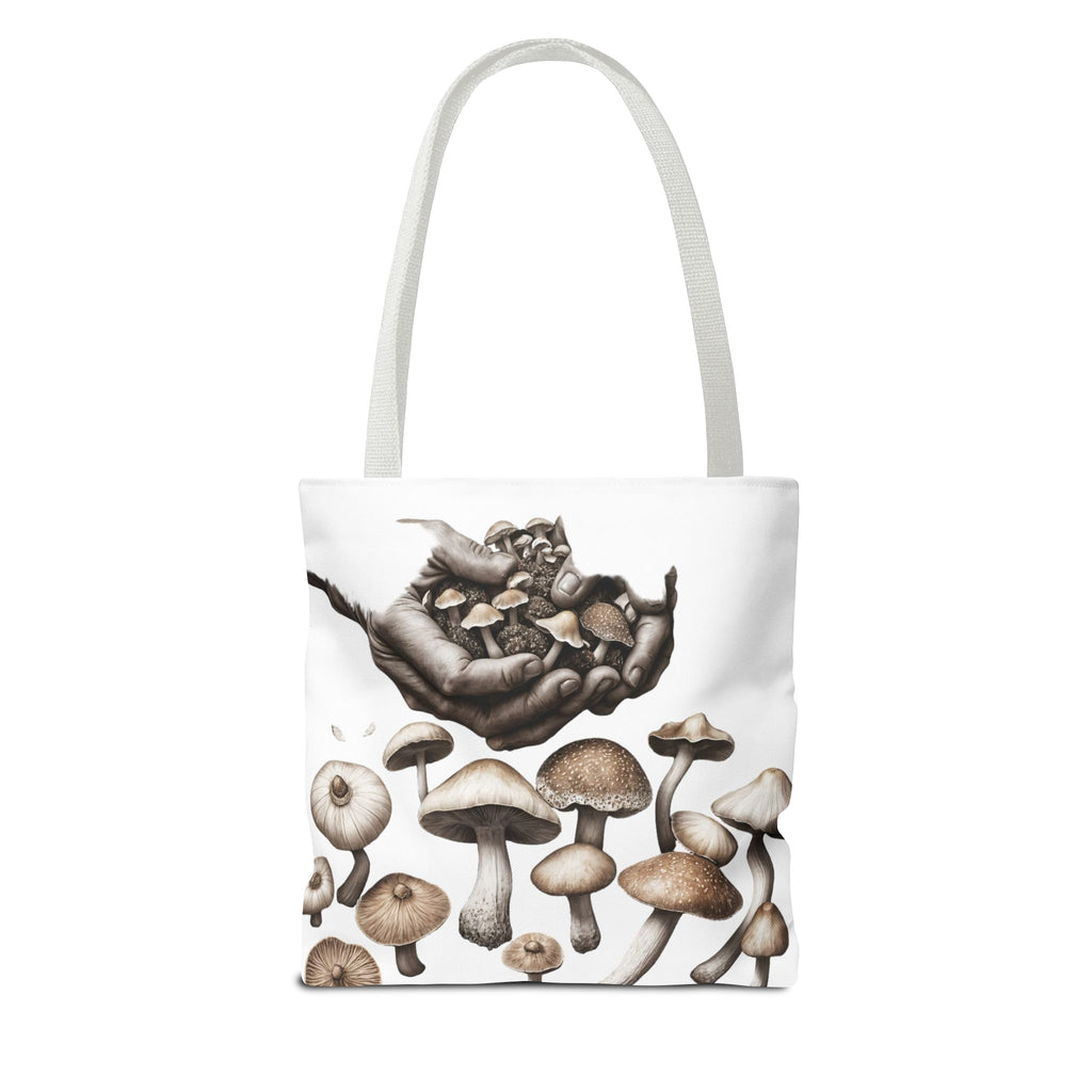 Mushroom Garden Tote Bag — Hand-Held Fungi Illustration All-Over Print